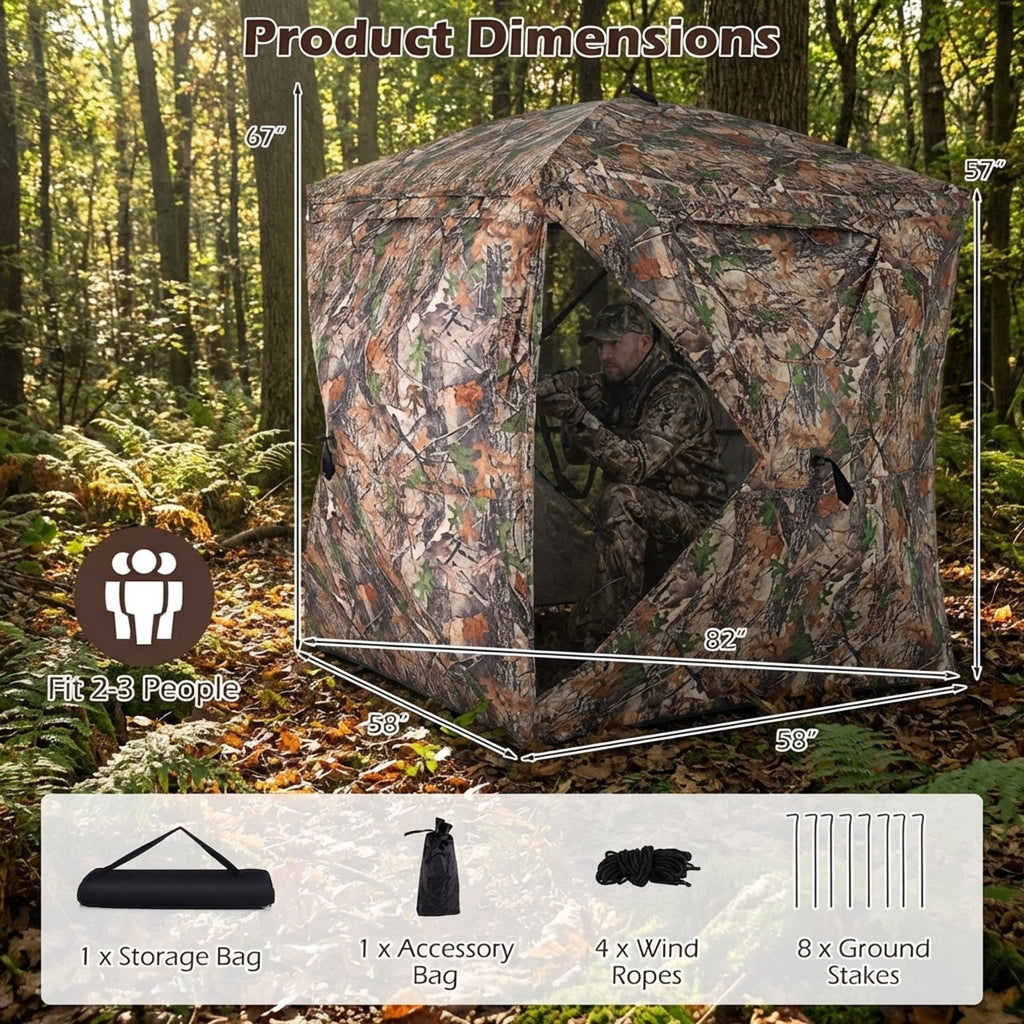 Biotree 270 Degree See Through Hunting Blind Tent with Silent Magnetic Door Pop Up Ground Blind for Deer Turkey, Camouflage