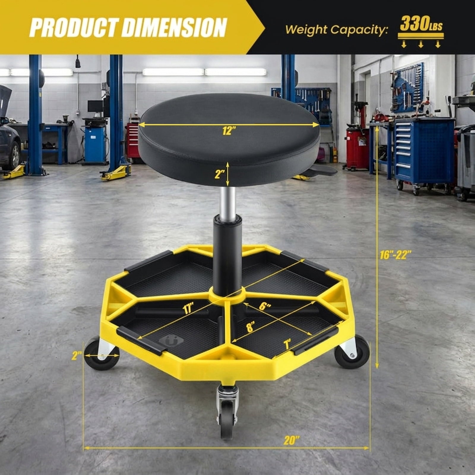 Biotree 330 lbs Pneumatic Rolling Mechanic Stool Padded Seat Height Adjustable - Yellow