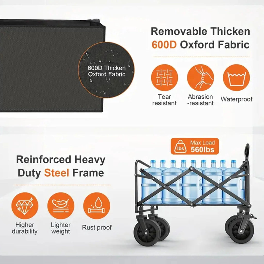 Biotree 560lbs Collapsible Folding Wagon, Heavy Duty Utility Beach Cart with 8" Wheels , Large Capacity for Camping, Beach, Shopping, Outdoor, Black