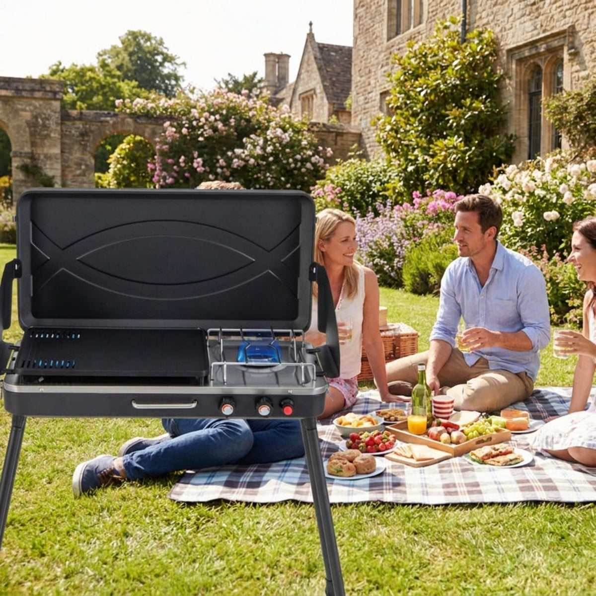 Biotree 2-in-1 Portable Gas Camping Grill and Stove, 20,000 BTU Propane Tabletop BBQ Grill, Foldable Camp Stove with Detachable Legs for Camping Picnic Backyard Black