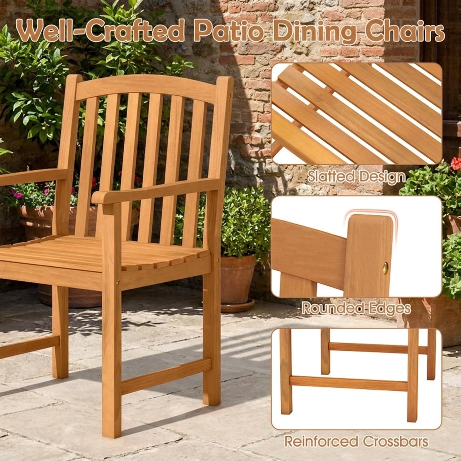 Biotree Solid Acacia Wood Patio Chairs Set of 2 with Slatted Seat and Inclined Backrest for PorchNatural