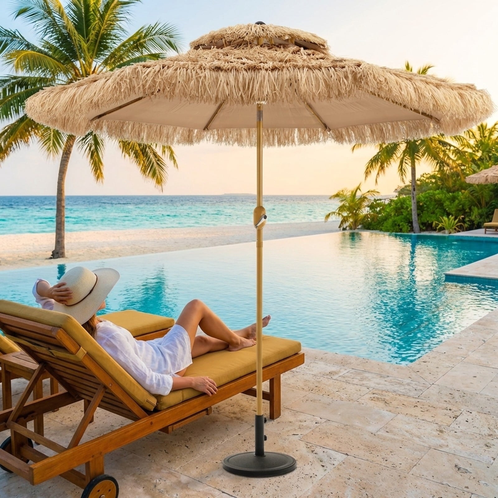 Biotree 9 Feet Solar Powered Thatched Tiki Patio Umbrella with Led Lights. Outdoor Backyard Deck Garden