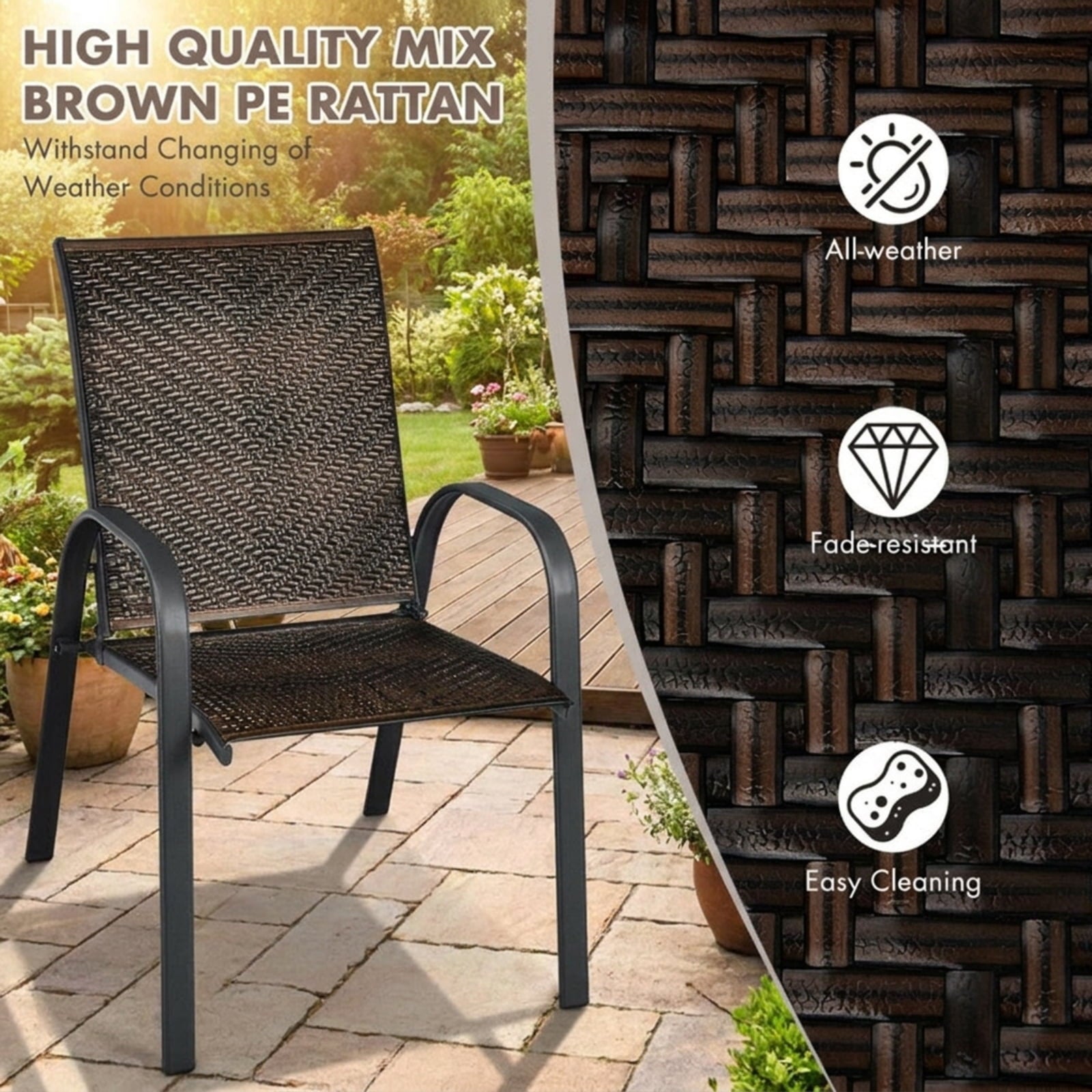 Biotree Set of 6 Outdoor PE Wicker Stackable Chairs with Sturdy Steel Frame Stackable Patio Chair for Garden BackyardBrown