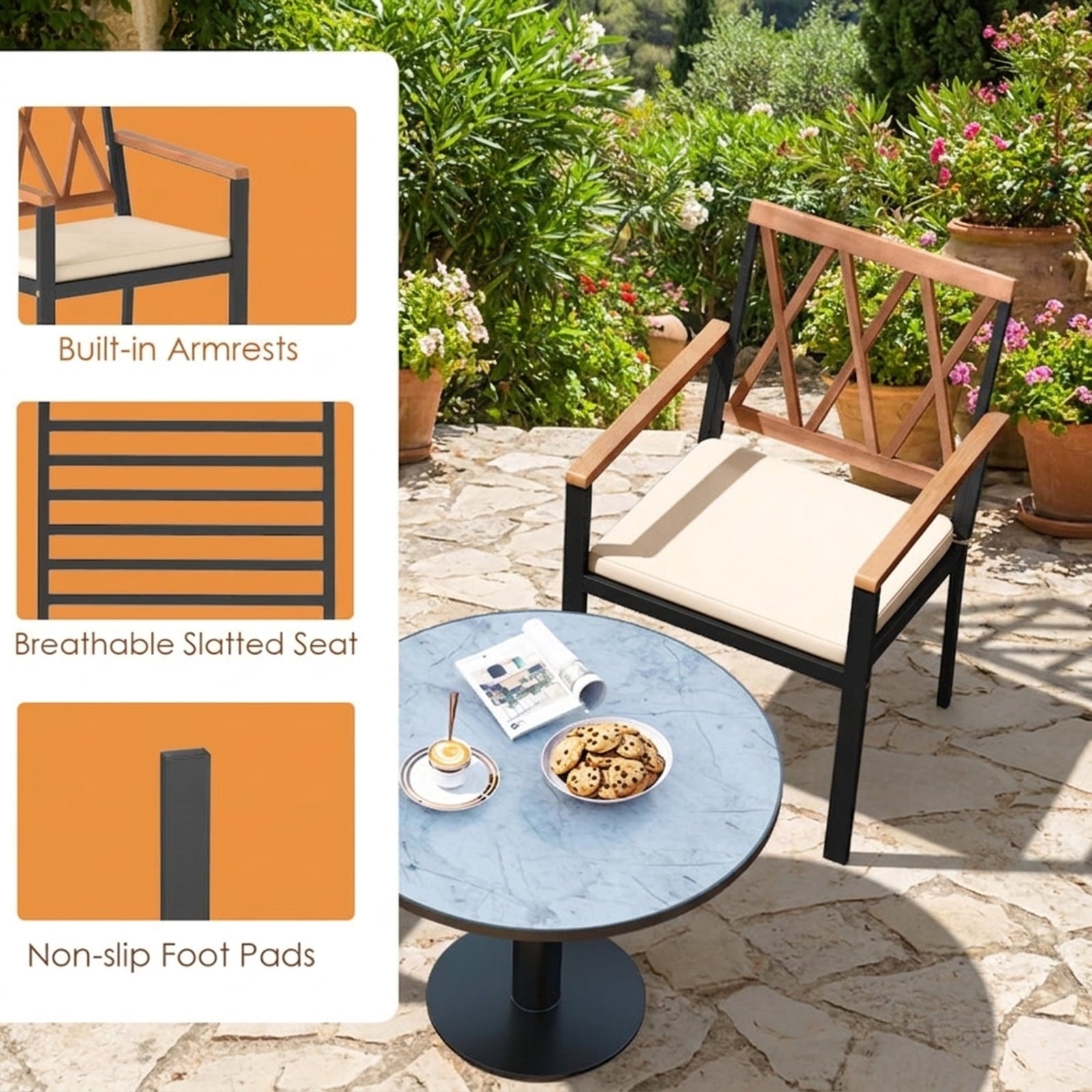 Biotree Set of 2 Patio Dining Chairs with Removable Padded Cushions-18 Inches Stackable Patio Chair for Garden BackyardBlack + Natural