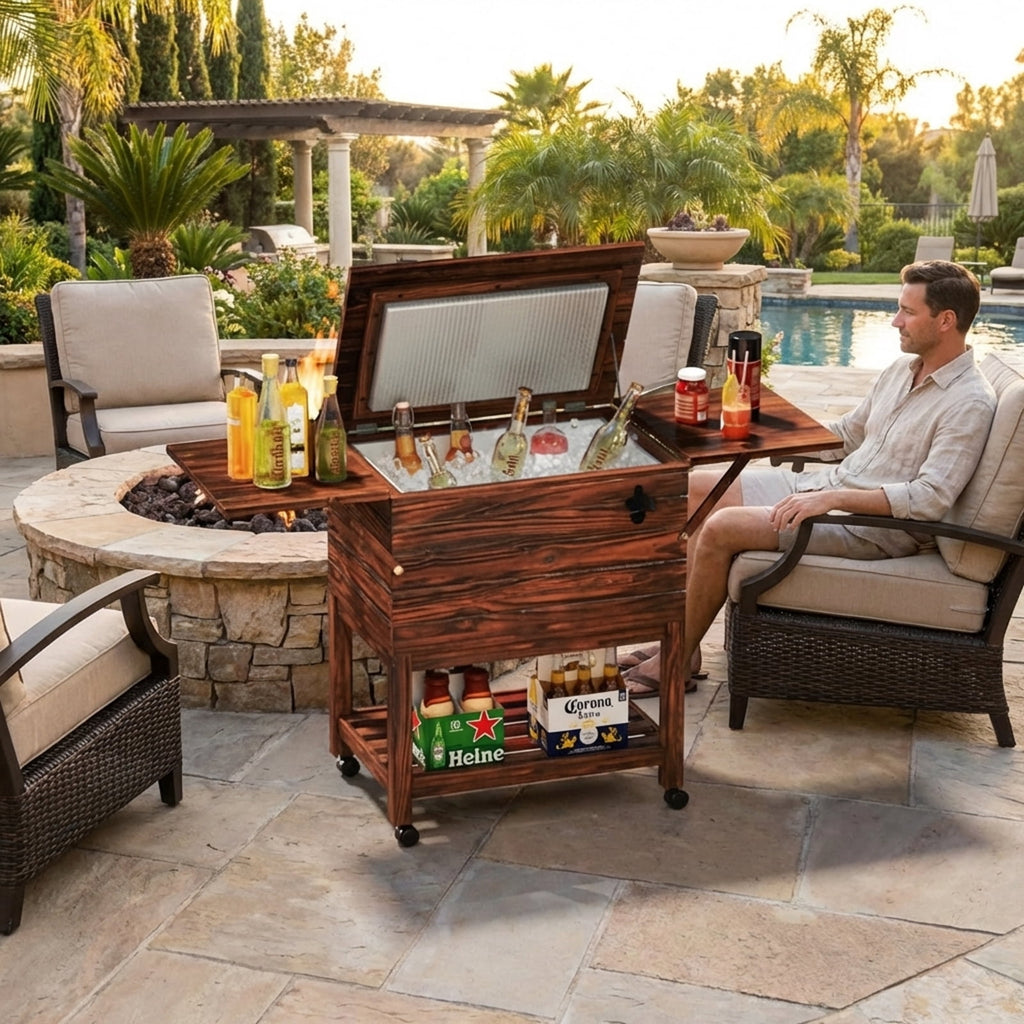 Biotree 54 Quart Wooden Cooler Cart for Patio with Shelves Rolling Ice Chest with Drain Plug Outdoor Cooler Cart, Brown