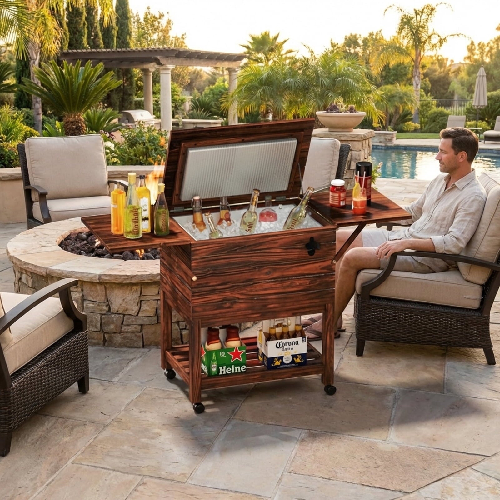 Biotree 54 Quart Wooden Cooler Cart for Patio with Shelves Rolling Ice Chest with Drain Plug Outdoor Cooler Cart, Brown