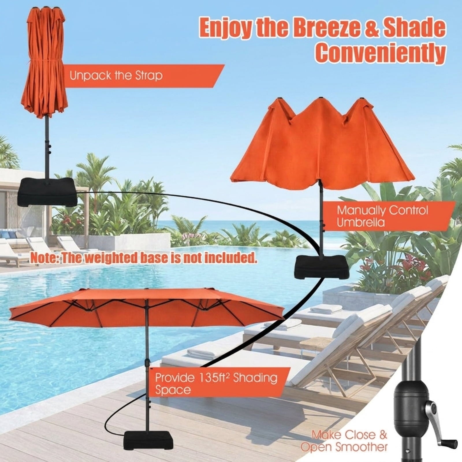 Biotree 15 ft Double-Sided Twin Patio Umbrella Crank Tilt Outdoor Shade - Orange - UV Protection with Cross Base