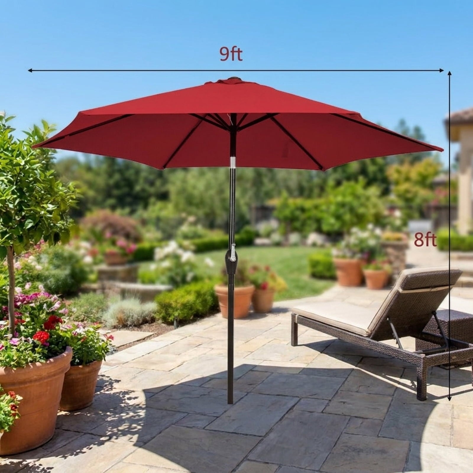 Biotree 9 ft Market Patio Umbrella with Crank and Tilt, 8 Sturdy Ribs, Vented Canopy - Burgundy for Backyard
