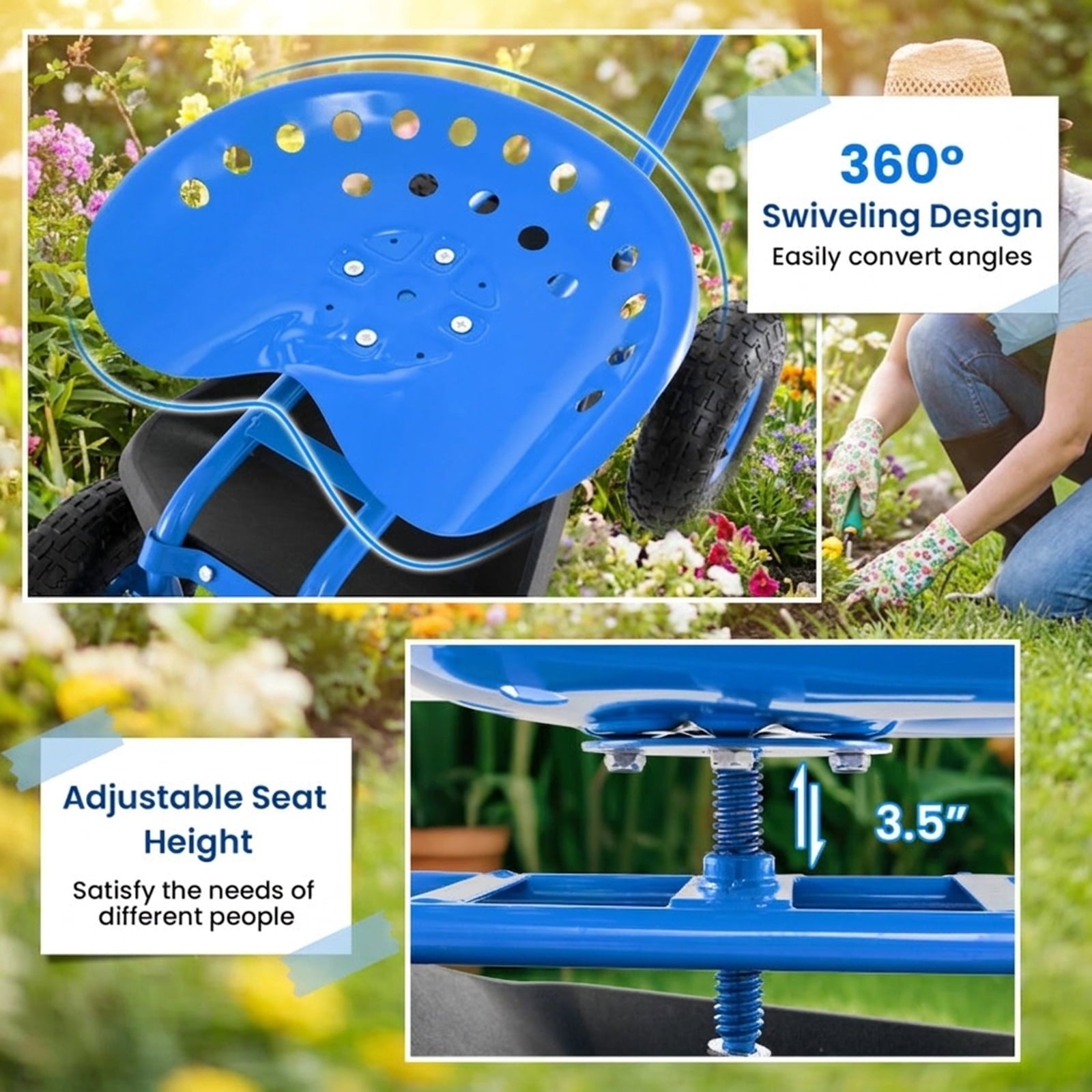 Biotree Extendable Handle Garden Cart Rolling Wagon Scooter for Garden Yard Lawn Work Outdoor, Blue