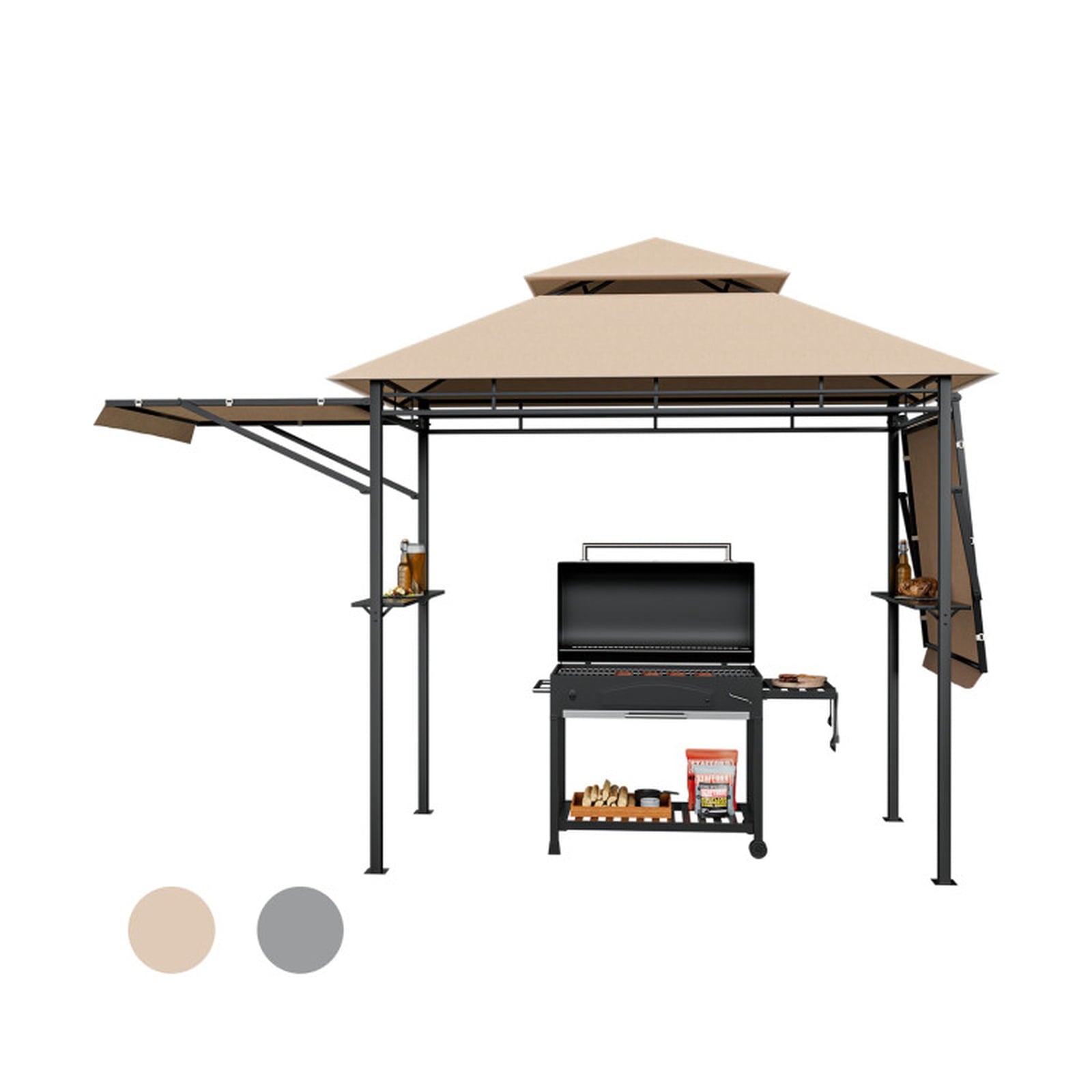 Biotree 13.5 x 4 Feet Patio BBQ Grill Gazebo Canopy with Dual Side Awnings Brown - Outdoor Patio Backyard Garden Shade Canopy Shelter