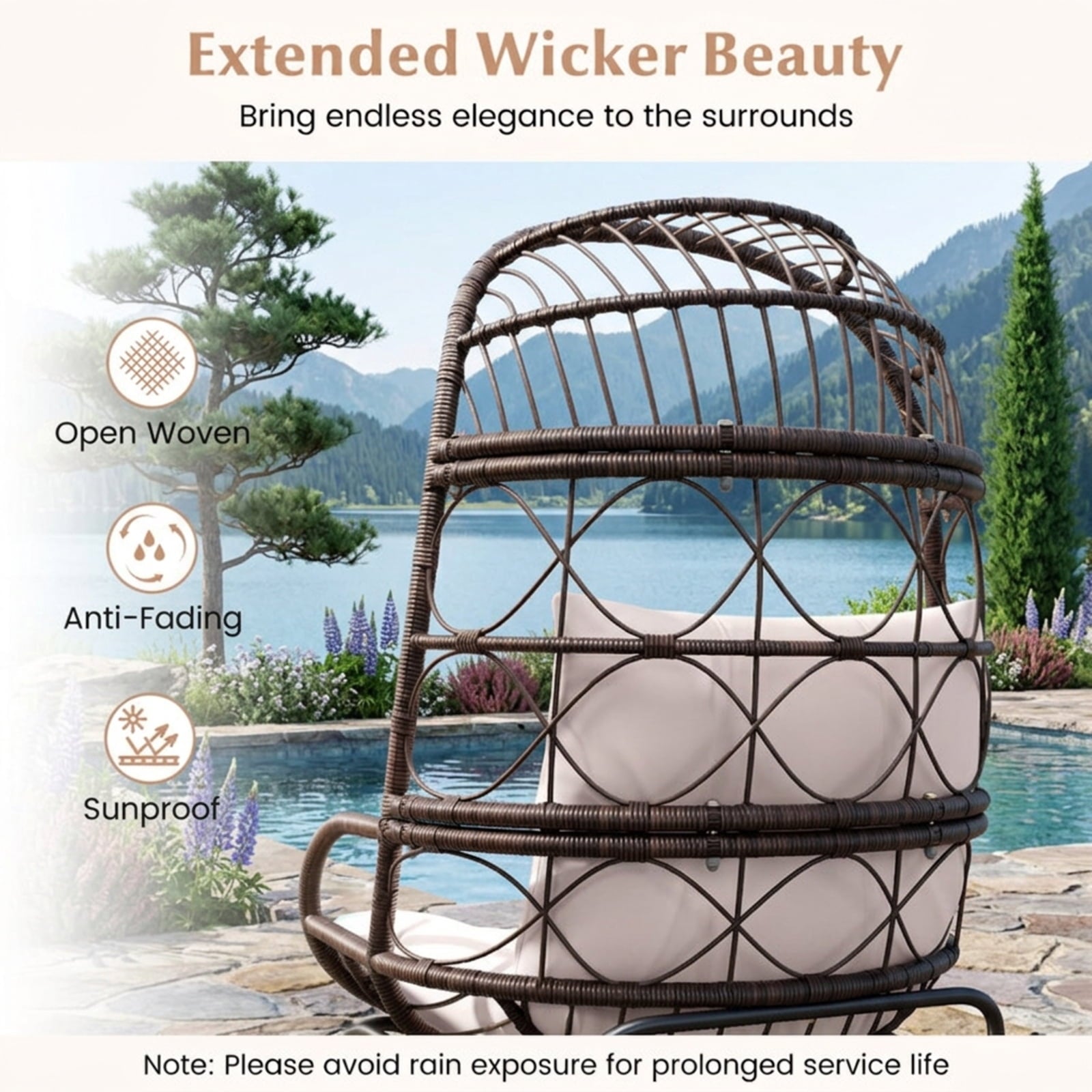 Biotree Patio Wicker Egg Chair Outdoor Rattan Lounge Basket with Seat and Back Cushions Stackable Patio Chair for Garden BackyardBrown