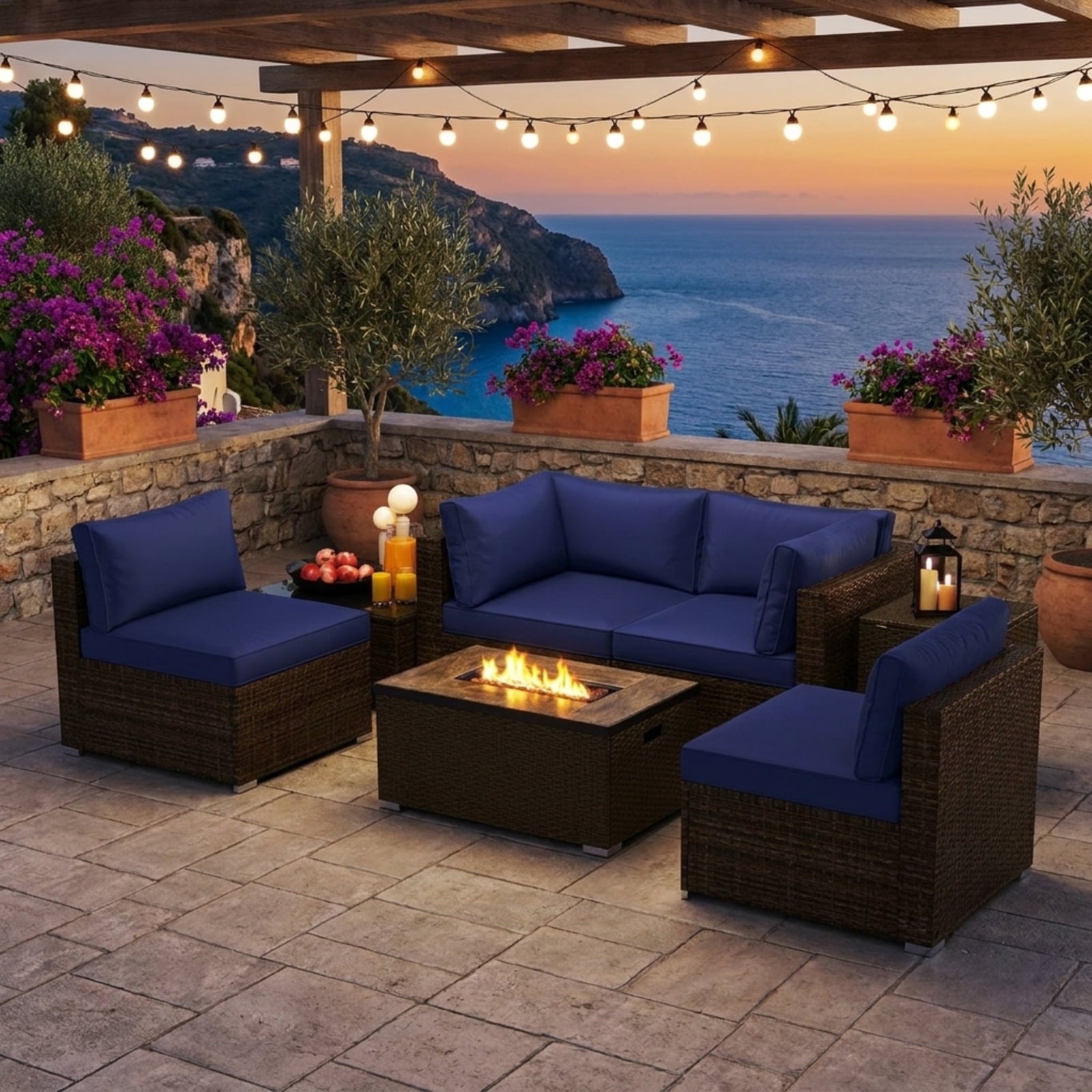 Biotree 7 Pieces Outdoor Furniture Set with 32 Inch Fire Pit Table and Propane Tank Cover Outdoor Conversation Set for Garden Backyard PorchNavy