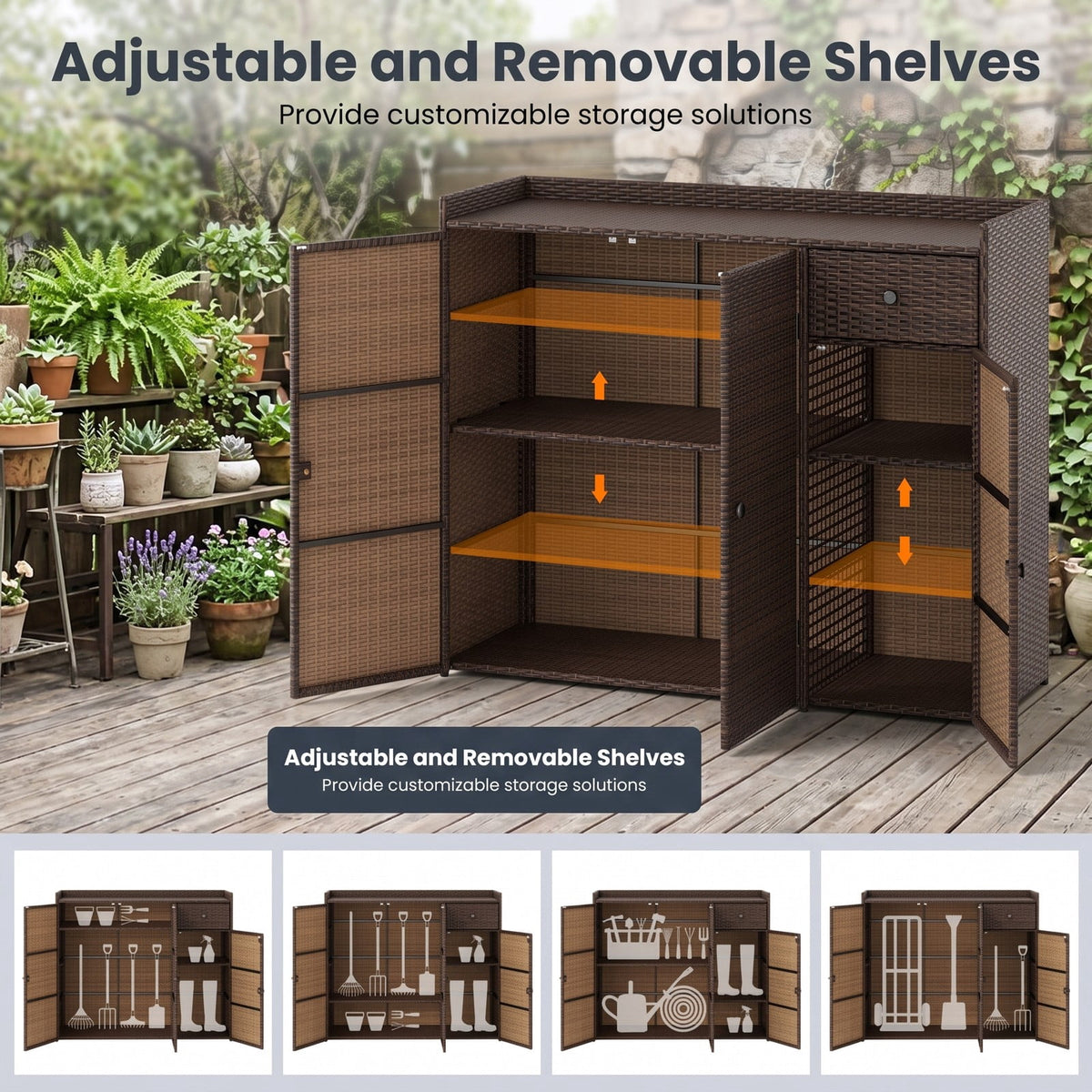 Biotree Outdoor PE Wicker Storage Cabinet with 3 Doors, Weatherproof Rattan Deck Box with Countertop, Adjustable Shelves Drawer for Patio Garden Deck, Brown