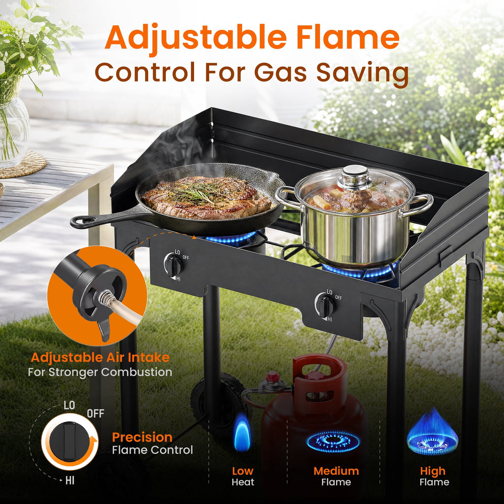 Biotree 2 Burner Outdoor Propane Gas Stove with 2 Wheels Wind Panel, 15,0000 BTU Camping Stove with Adjustable PSI Regulator and 4ft Hose With Removable Legs for Cooking BBQ Home