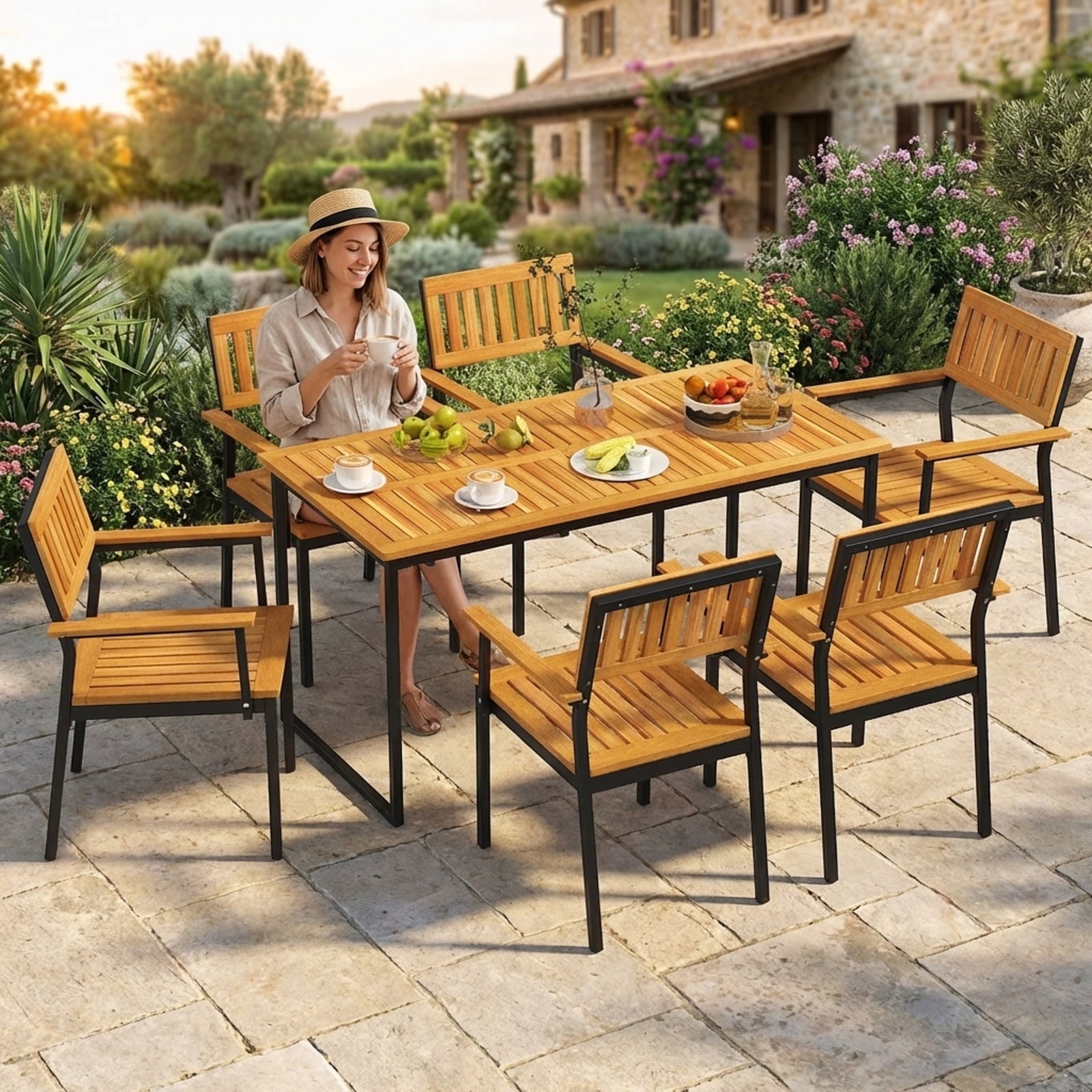 Biotree 2-Pack Patio Dining Chair with Metal and Acacia Wood