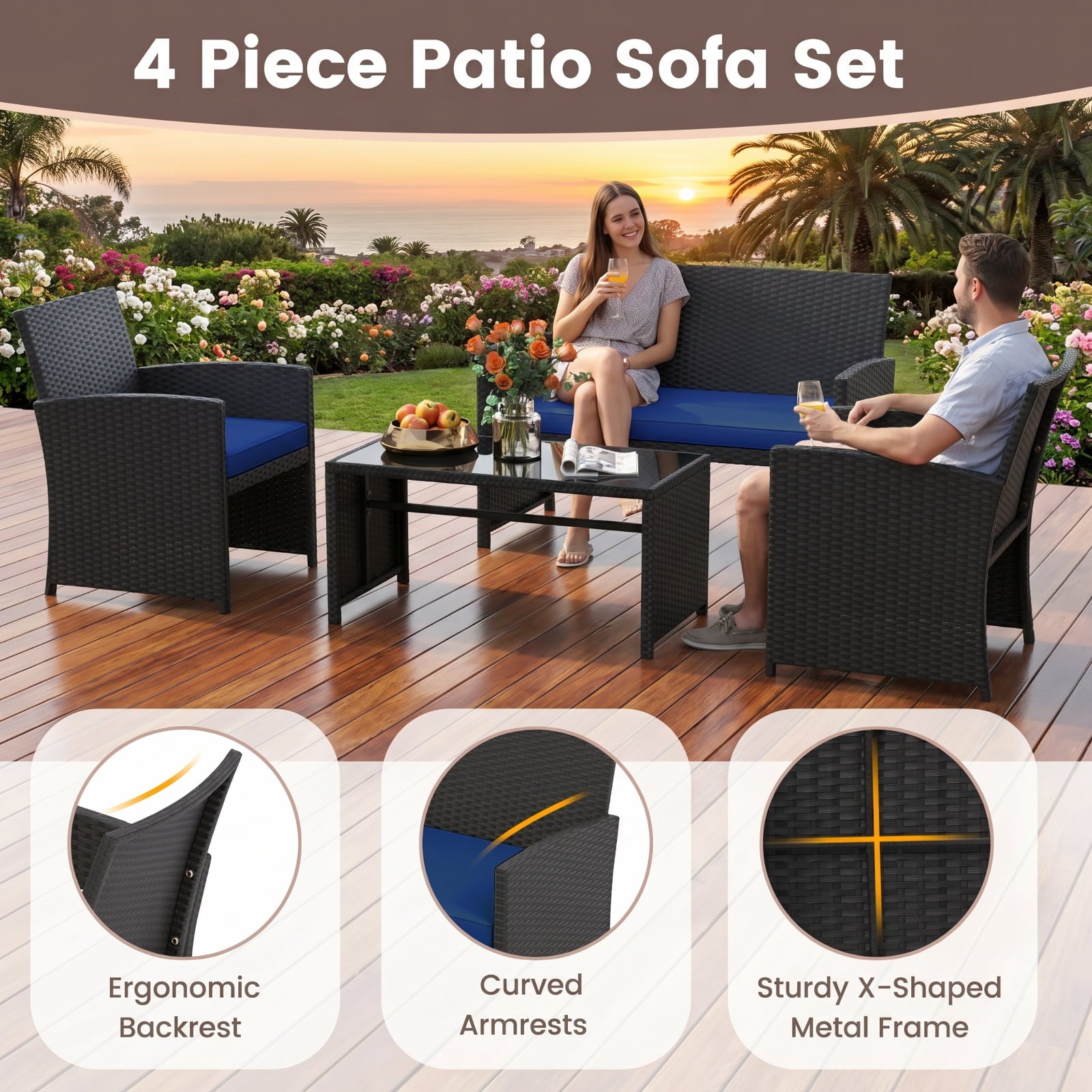 Biotree 4 Pieces Outdoor Rattan Conversation Set with Comfortable Cushion Outdoor Conversation Set for Garden Backyard PorchGrey