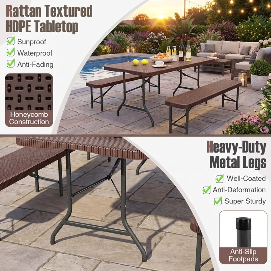 Biotree 6 ft Portable Folding Table with Rattan-Like HDPE Tabletop and Safe Lock Mechanism, Coffee