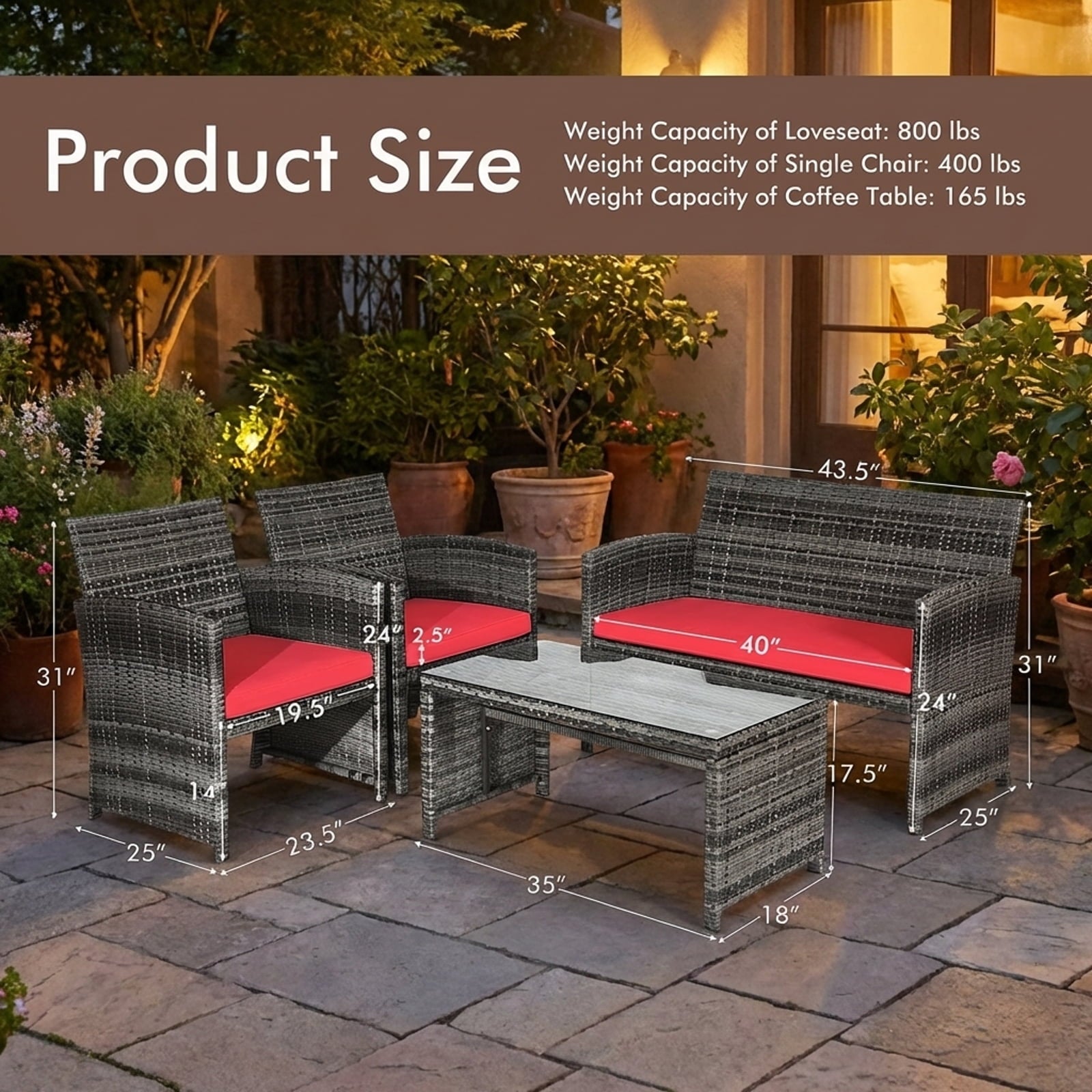 Biotree 4-Piece Patio Rattan Furniture Set with Cushions-Red