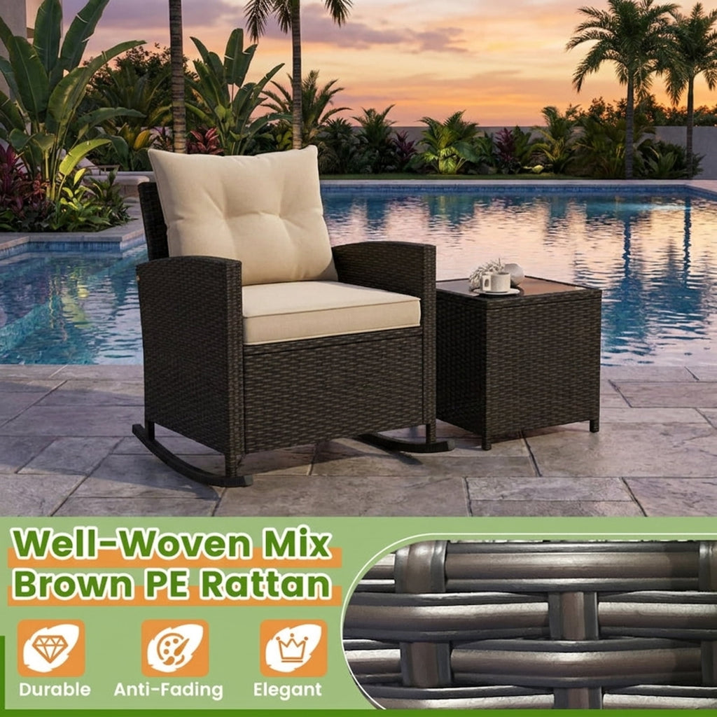 Biotree 3-Piece Patio Rattan Roker Chairs with Tempered Glass Table and Soft Cushions Outdoor Conversation Set for Garden Backyard PorchBeige