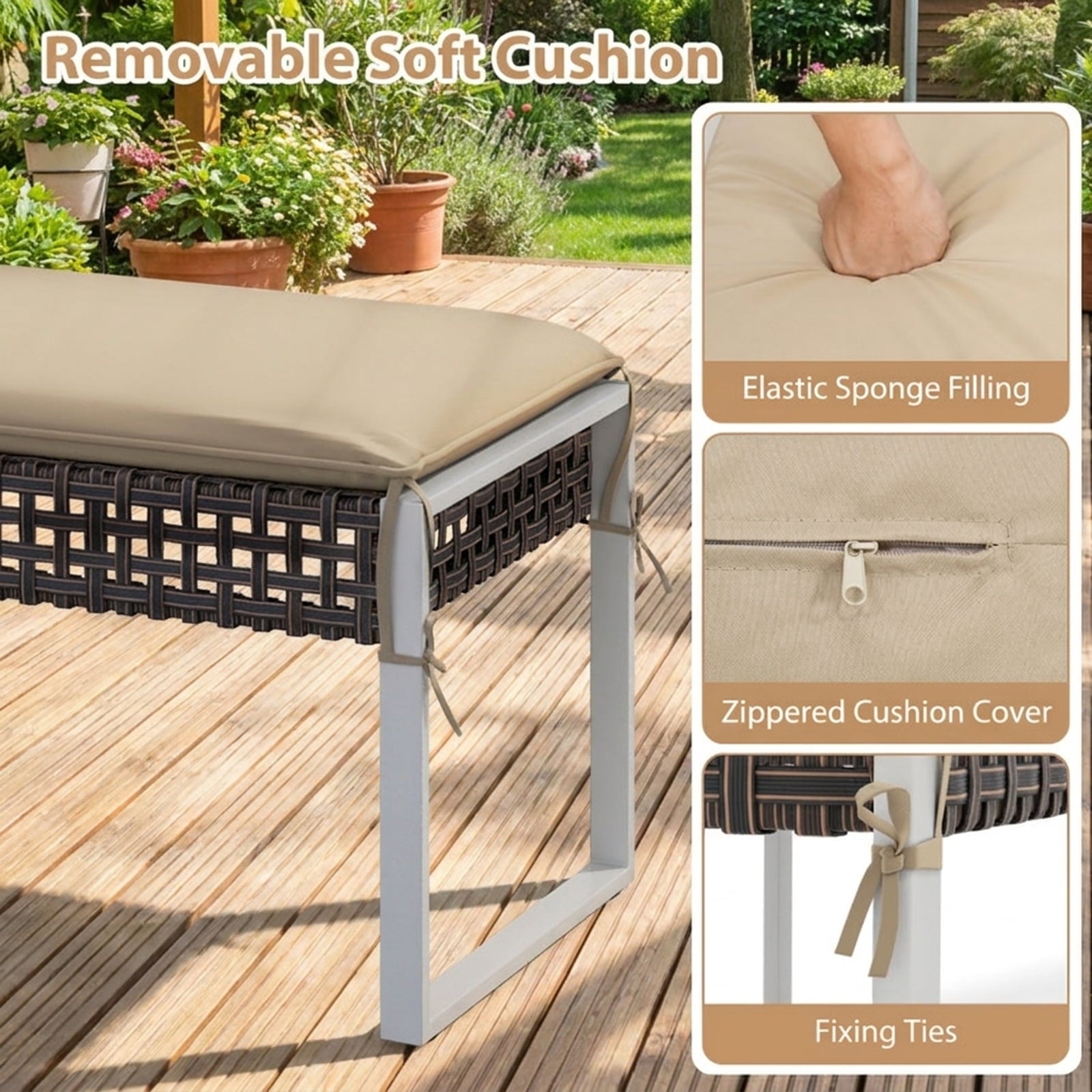 Biotree 43 Inch Patio Rectangle Ottoman with Metal Legs and Seat Cushion Stackable Patio Chair for Garden BackyardBeige