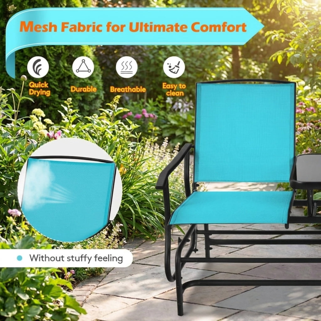 Biotree 2-Person Double Rocking Loveseat with Mesh Fabric and Center Tempered Glass TableTurquoise