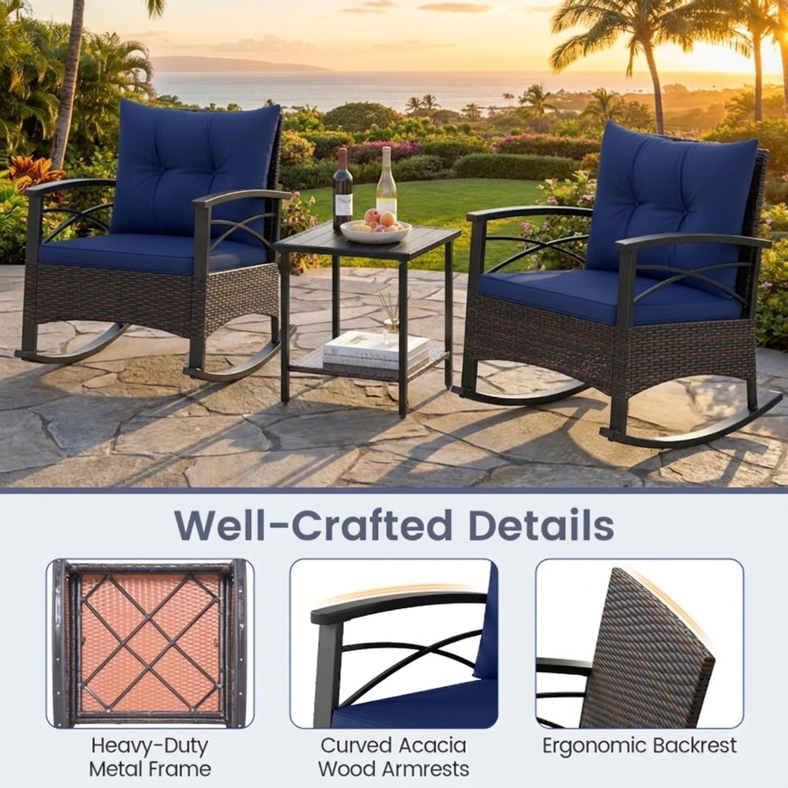 Biotree 3 Piece Rocking Bistro Set PE Rattan Rocker Chairs with Acacia Wood Top Table Outdoor Conversation Set for Garden Backyard PorchNavy