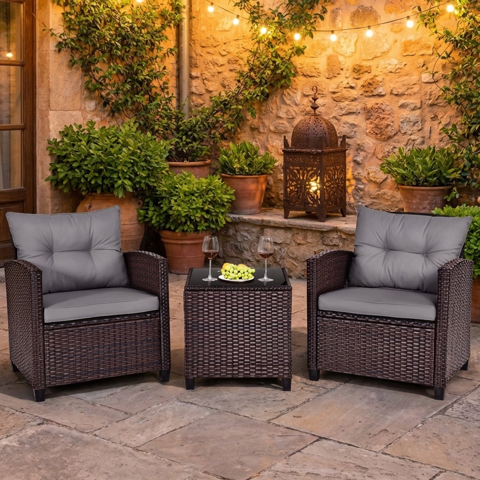Biotree 3-Piece Patio Rattan Set with Washable Cushions-Gray