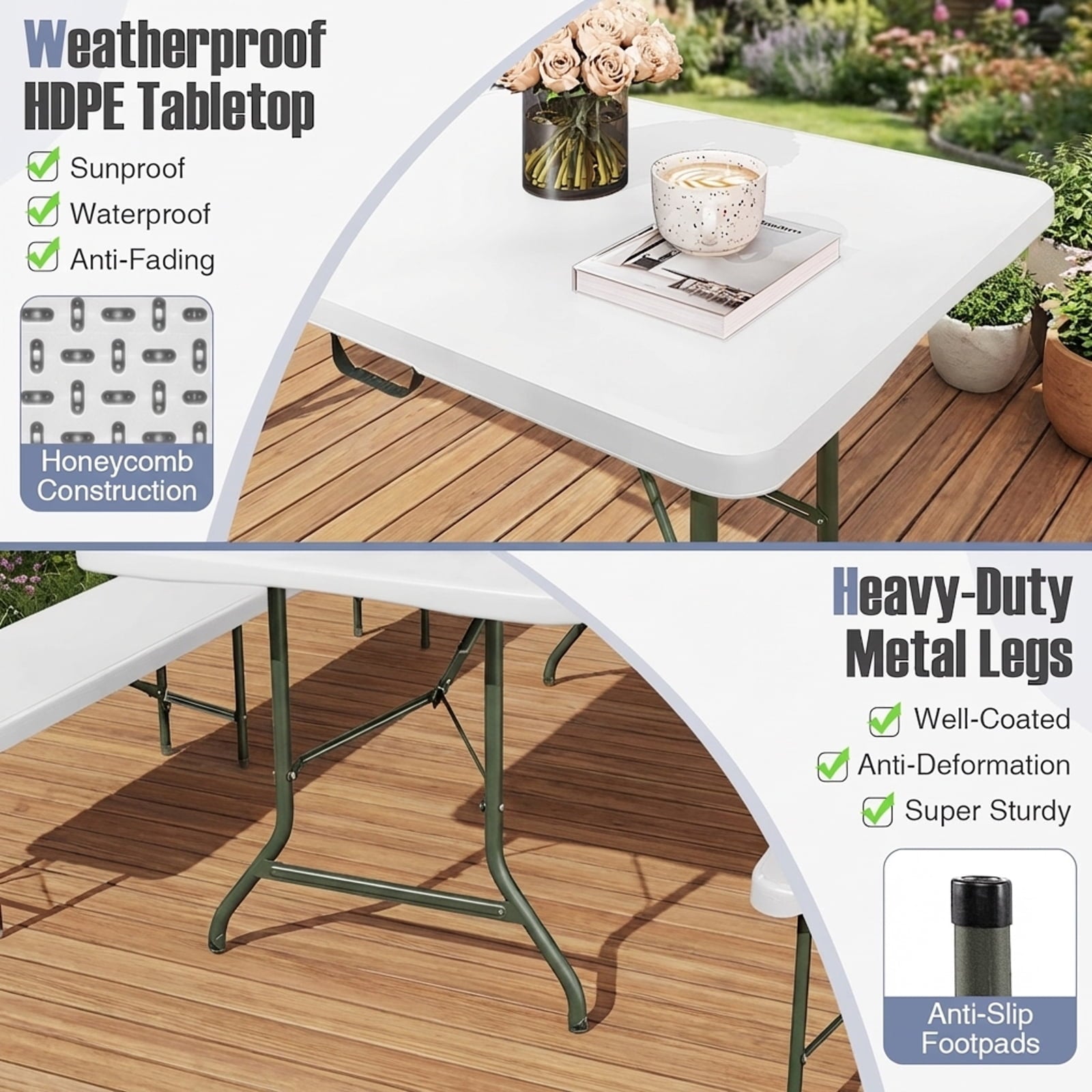 Biotree 8 ft Portable Folding Table 350 LBS Fold in Half Table with HDPE Tabletop, White
