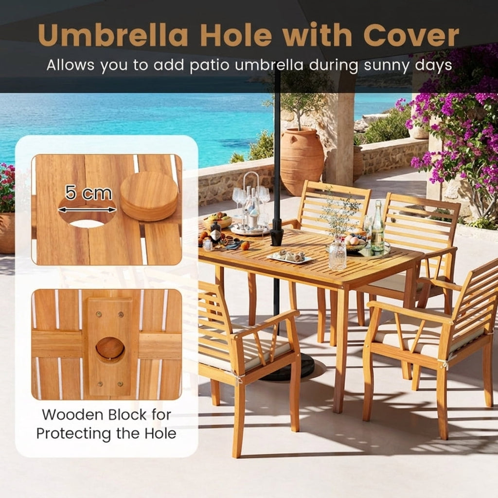 Biotree 63 inch Outdoor Dining Table with Umbrella Hole Farmhouse Bistro Dinette Furniture, Natural