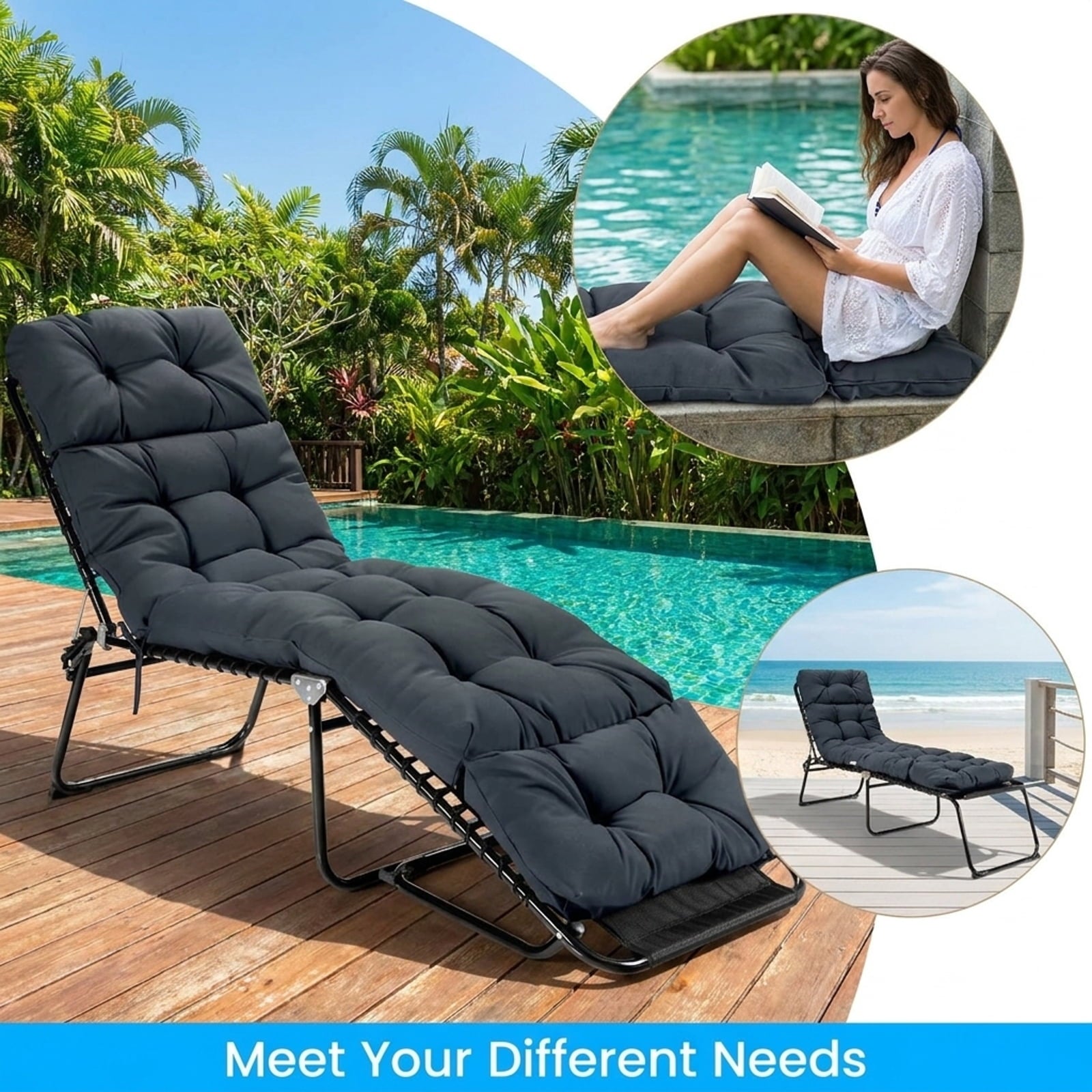 Biotree Outdoor Lounge Chaise Cushion with String Ties for Garden Poolside Comfortable Patio Chair Cushion PadGray