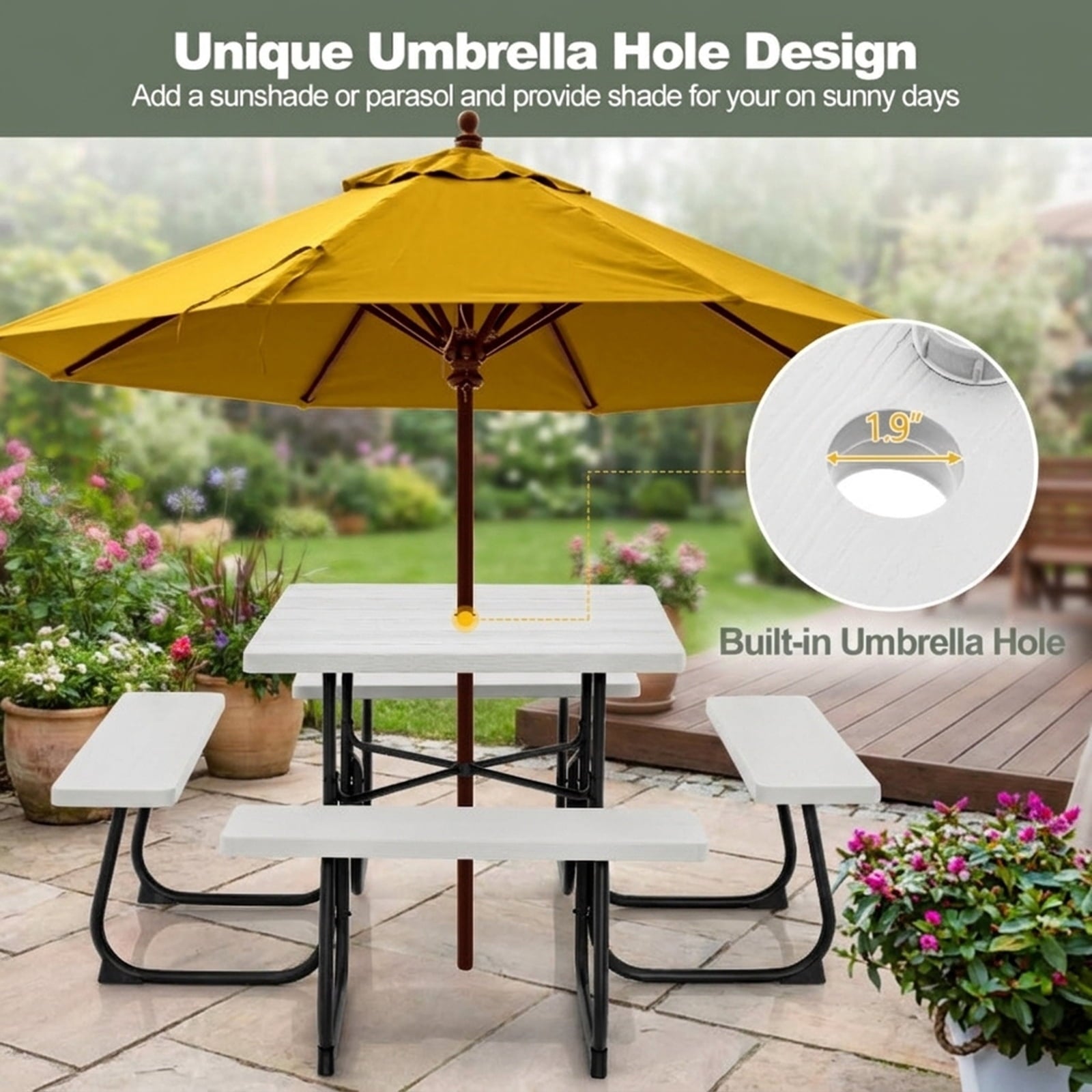 Biotree 67-Inch Outdoor Picnic Table with 4 Benches and Umbrella Hole, White