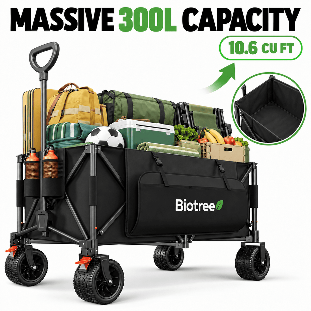 Biotree Collapsible Wagon Cart with Brakes, 600 lbs Heavy-Duty Folding Beach Wagon, 300L Large Capacity Garden Cart with All-Terrain Utility Cart for Camping Sports Shopping, Black