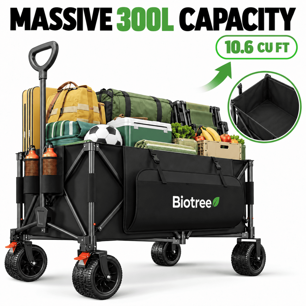 Biotree Collapsible Wagon Cart with Brakes, 600 lbs Heavy-Duty Folding Beach Wagon, 300L Large Capacity Garden Cart with All-Terrain Utility Cart for Camping Sports Shopping, Black