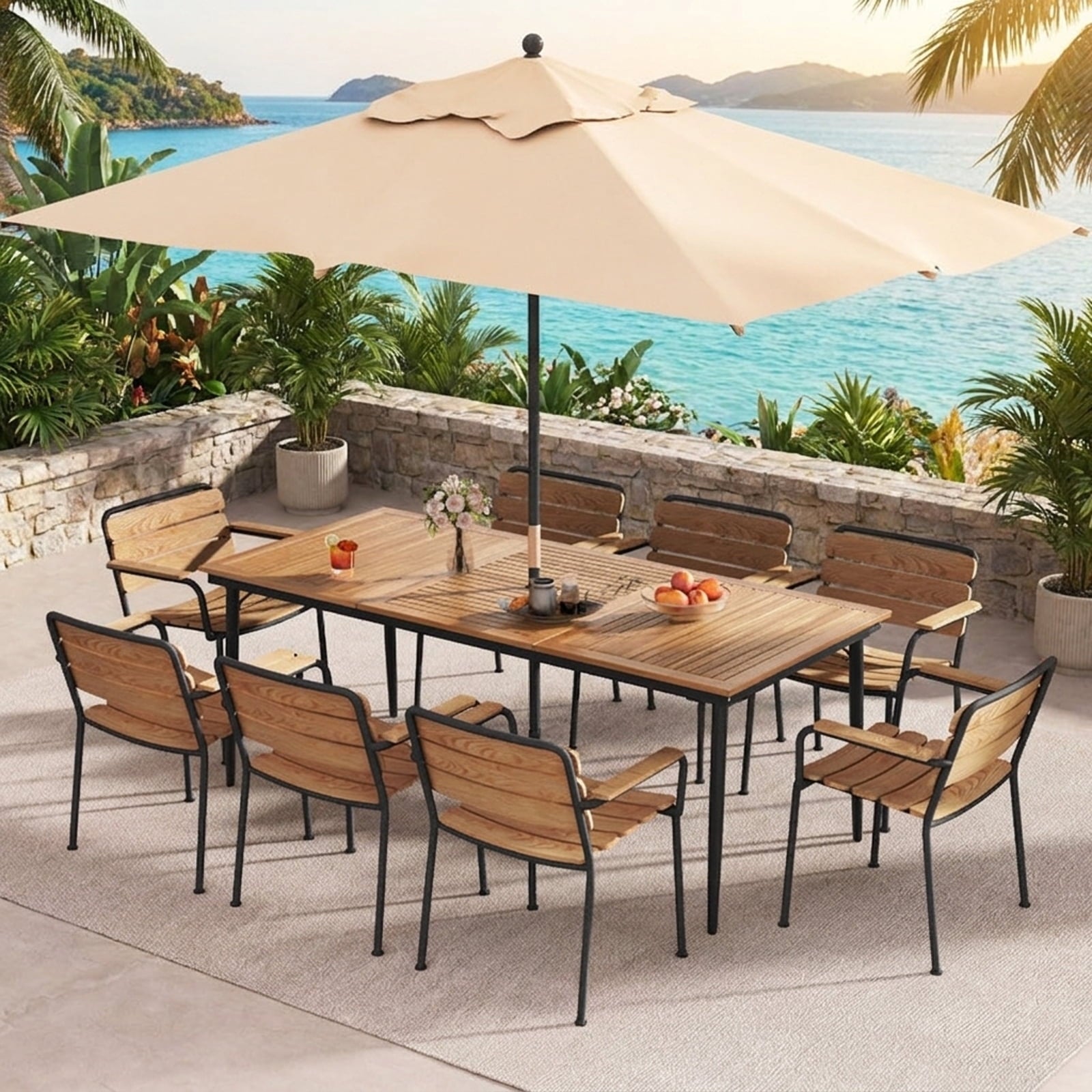Biotree 79 Inch Acacia Wood Outdoor Dining Table for 8 with 1.9 Inch Umbrella Hole, Natural