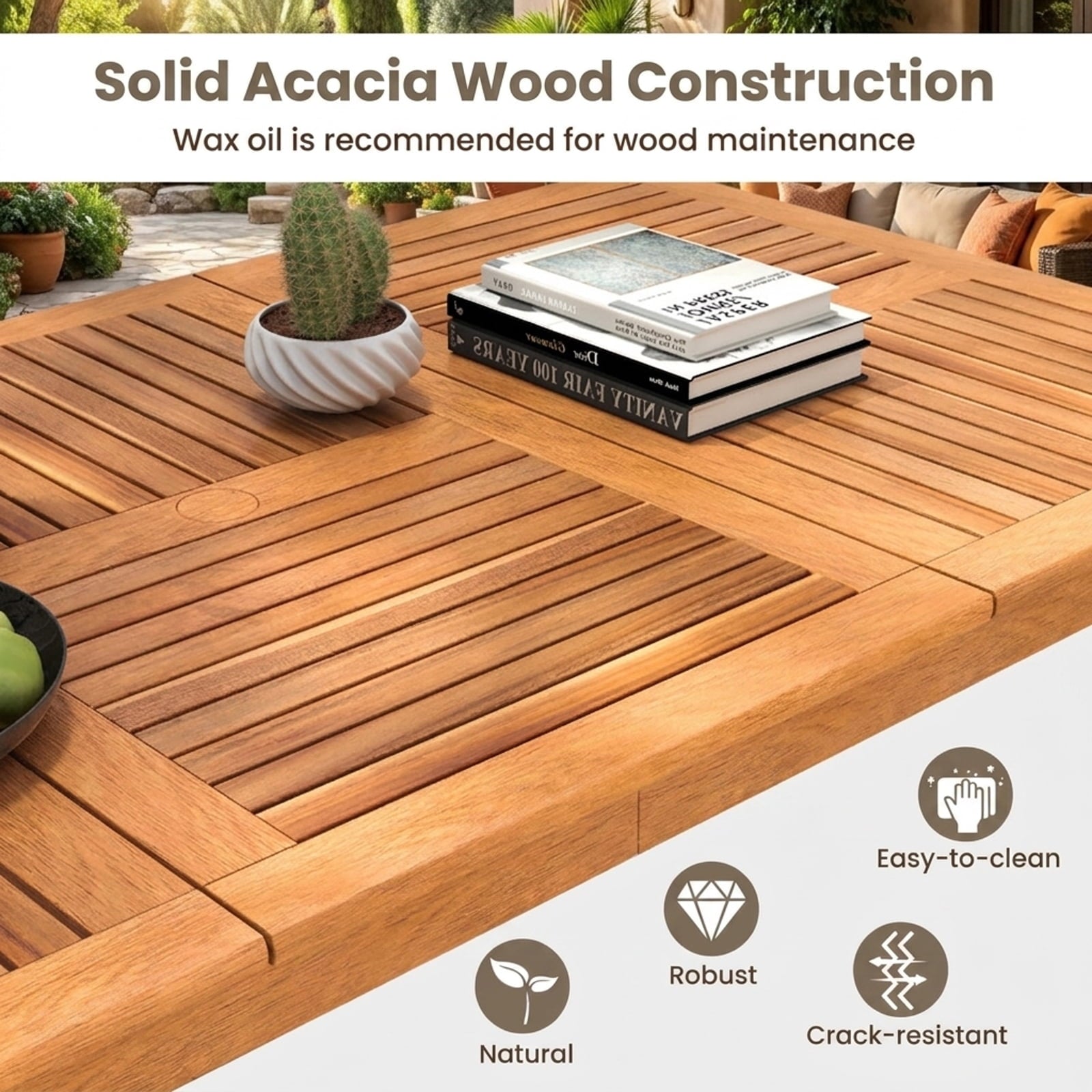 Biotree 79-Inch 8-Person Outdoor Acacia Wood Dining Rectangular Bistro Table with Umbrella Hole, Natural