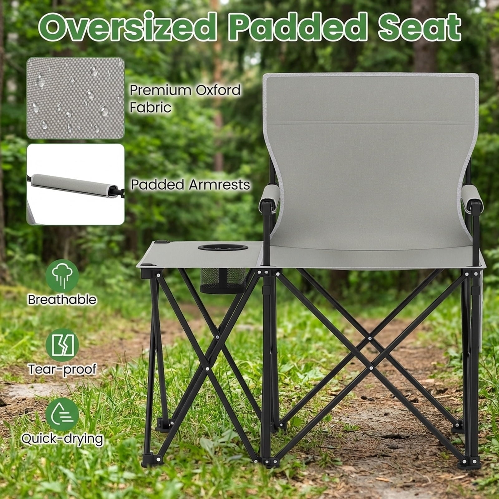 Biotree Heavy Duty Oversized Folding Camping Chair with Side Table and Storage Pockets Portable Outdoor Chair for Adults, Gray