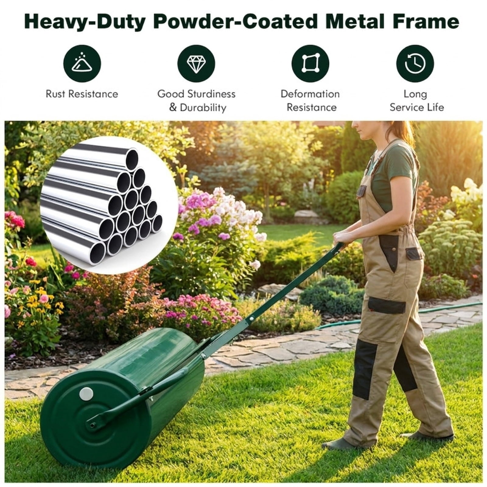 Biotree 39 Inch Wide Push/Tow Lawn Roller for Lawn Garden Yard Soil Care, Green