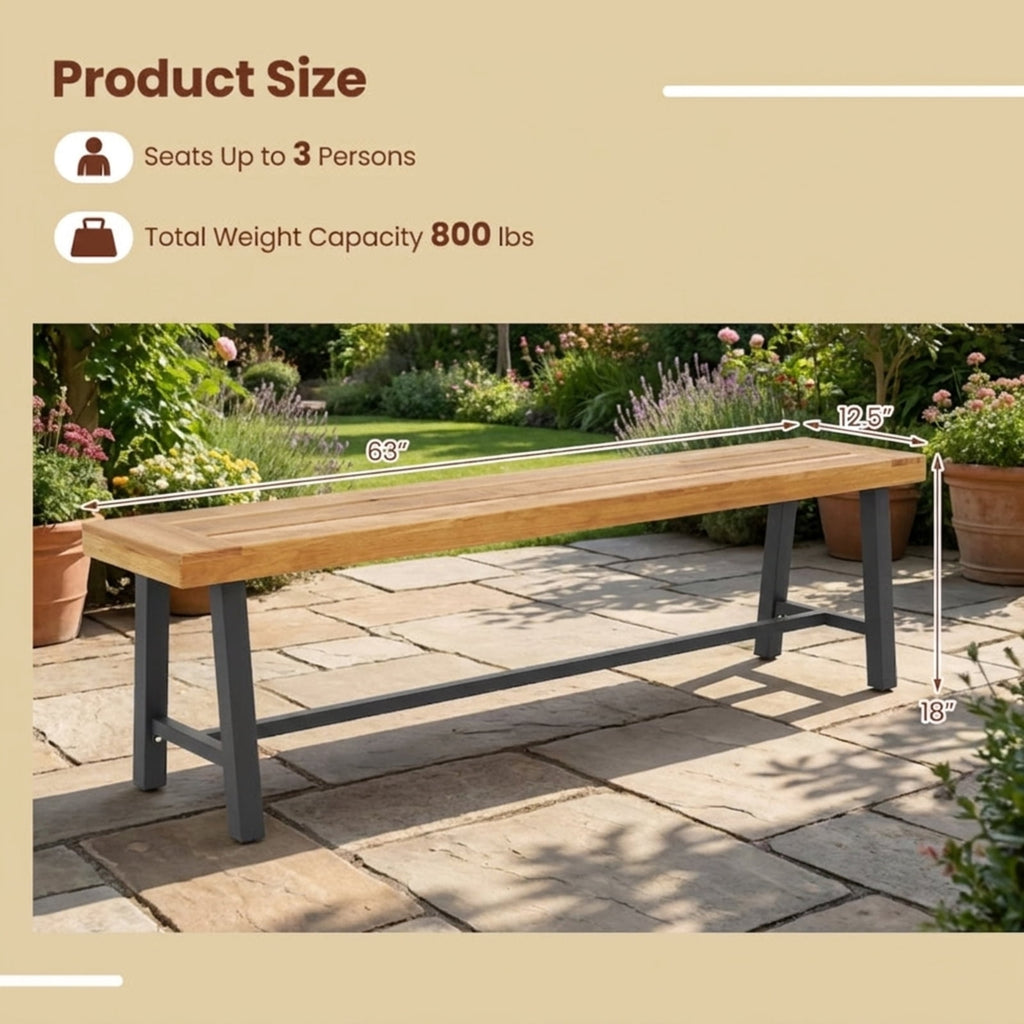 Biotree 63 Inch 3-Person Acacia Patio Wood Outdoor Backless Bench-Set of 1 Stackable Patio Chair for Garden BackyardNatural and Black