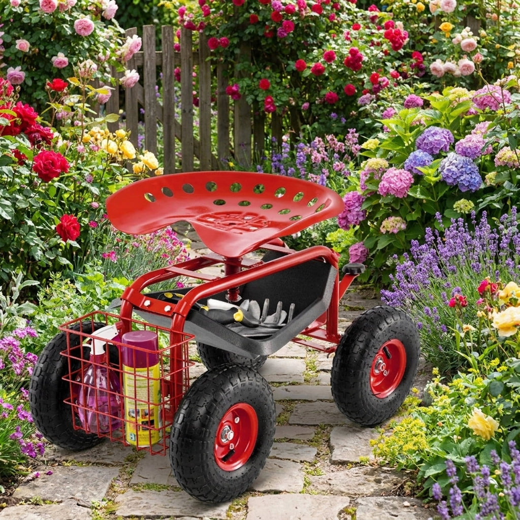 Biotree 4-Wheel Rolling Garden Cart Work Seat for Garden Yard Lawn Work Outdoor, Red