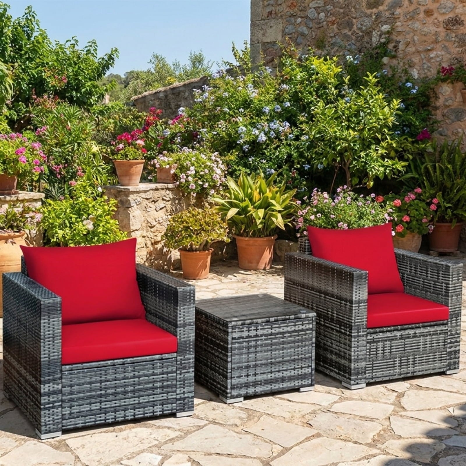 Biotree 3 Pcs Patio Rattan Furniture Bistro Sofa Set with Cushioned Outdoor Conversation Set for Garden Backyard PorchRed