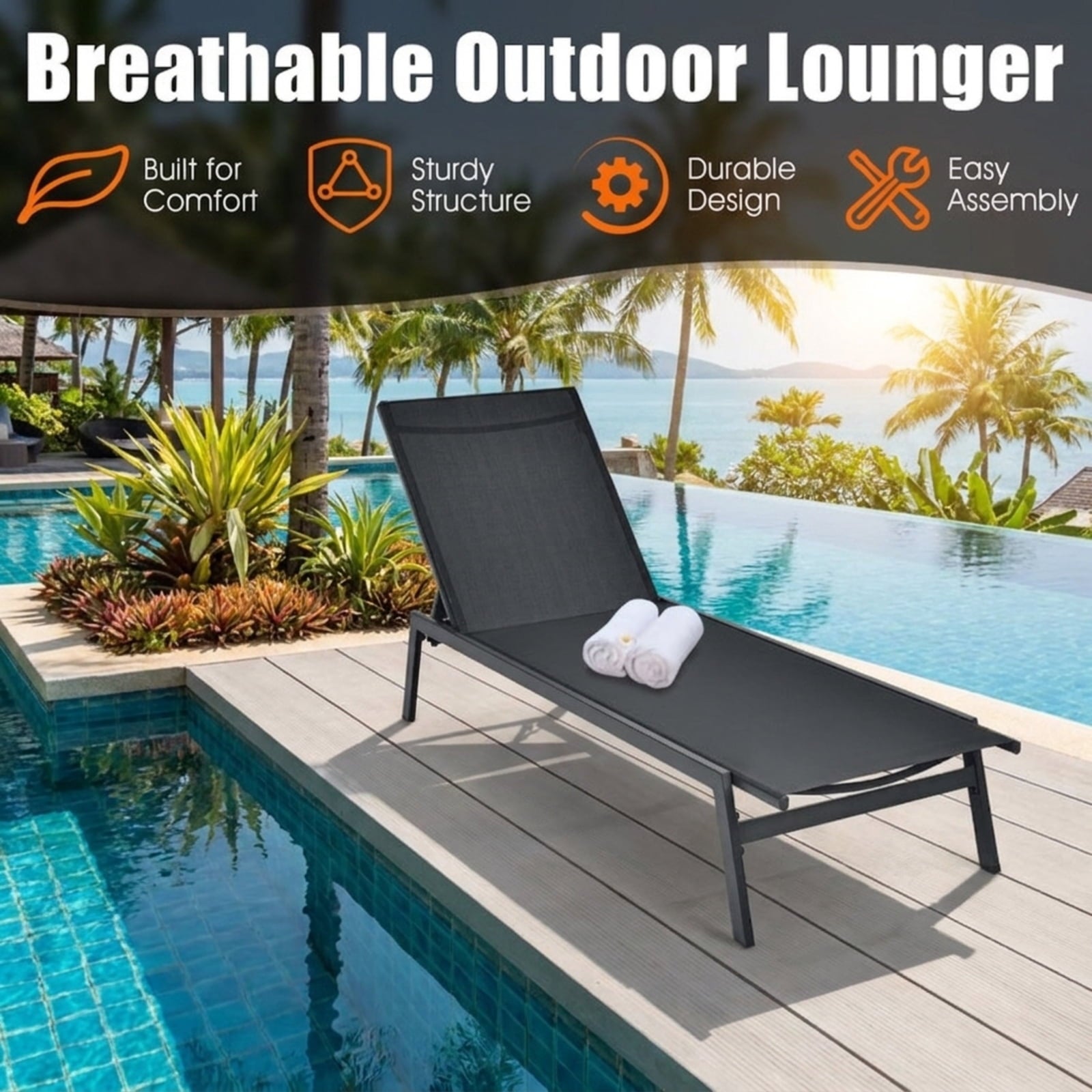 Biotree Outdoor Reclining Chaise Lounge Chair with 6-Position Adjustable Back Stackable Patio Chair for Garden BackyardBlack