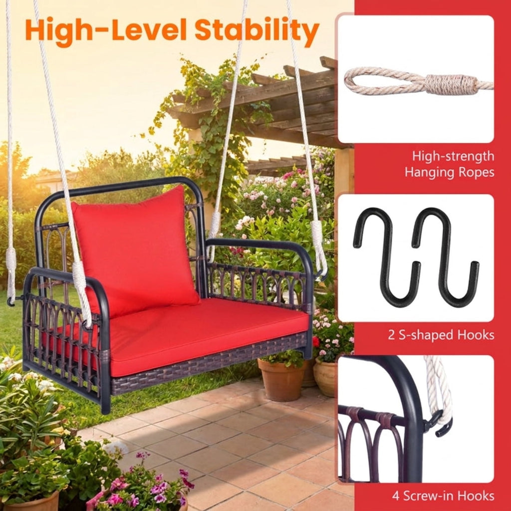Biotree Patio Rattan Porch Swing Hammock Chair with Seat Cushion for Patio Porch Garden Backyard Outdoor, Red