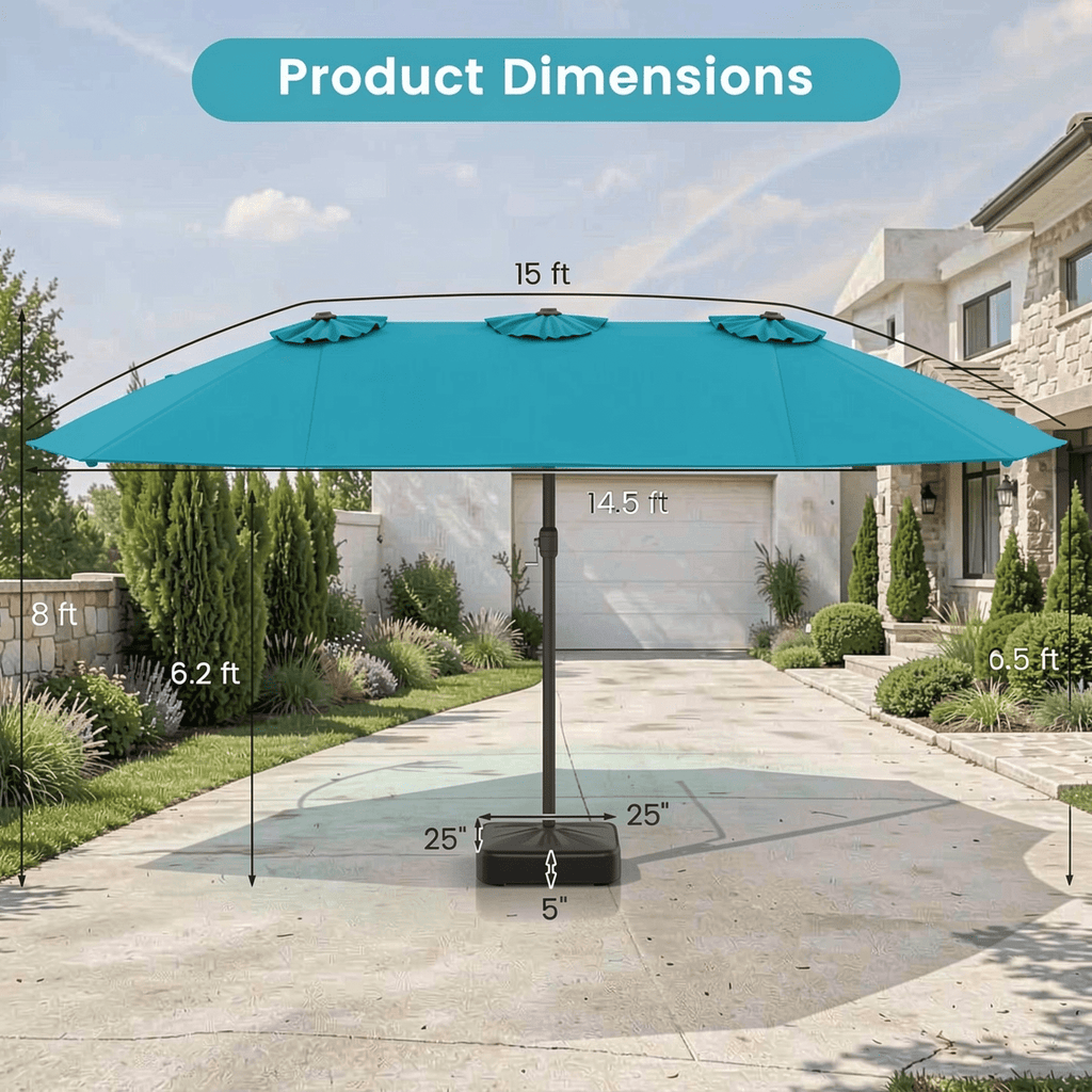 Biotree 15 Feet Double-Sided Twin Patio Umbrella with Crank and Base-Turquoise Beige Brown Blue Grey Orange Red Turquoise Black