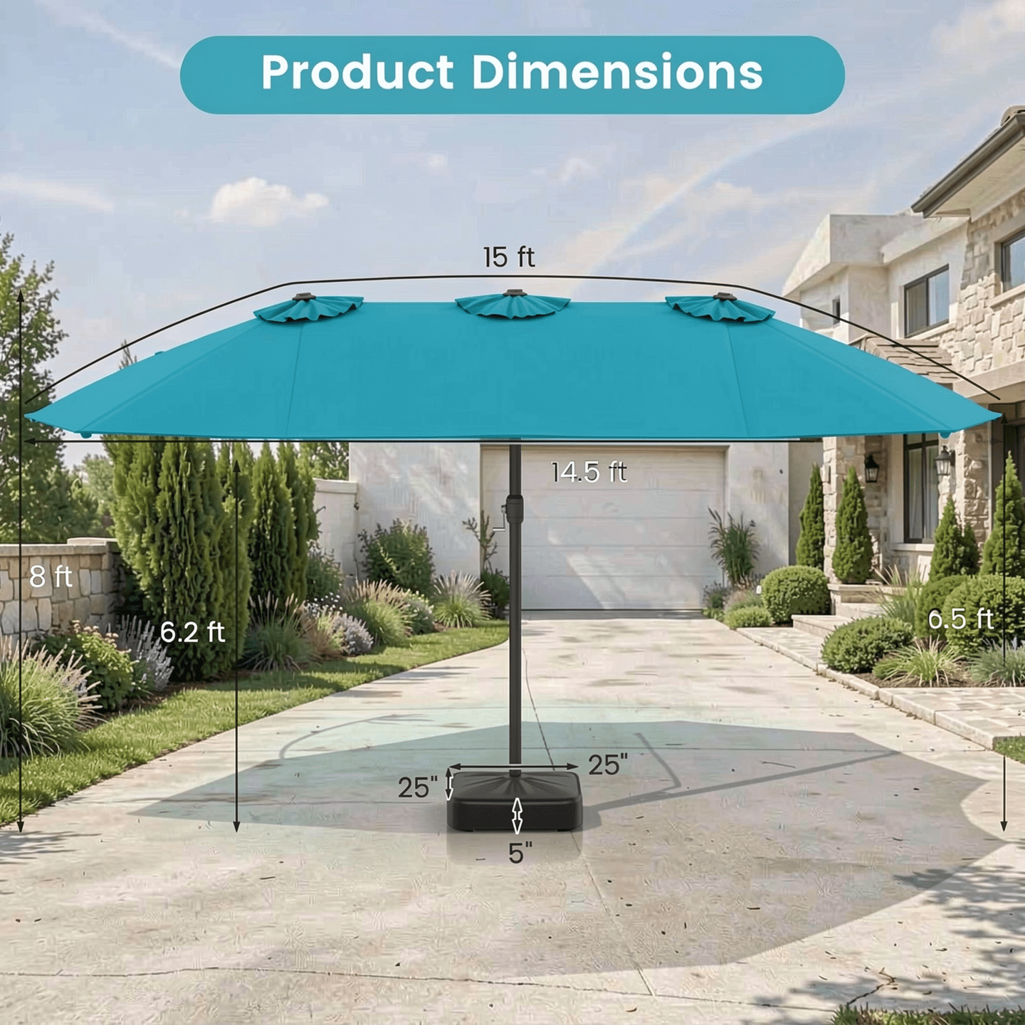 Biotree 15 Feet Double-Sided Twin Patio Umbrella with Crank and Base-Turquoise Beige Brown Blue Grey Orange Red Turquoise Black