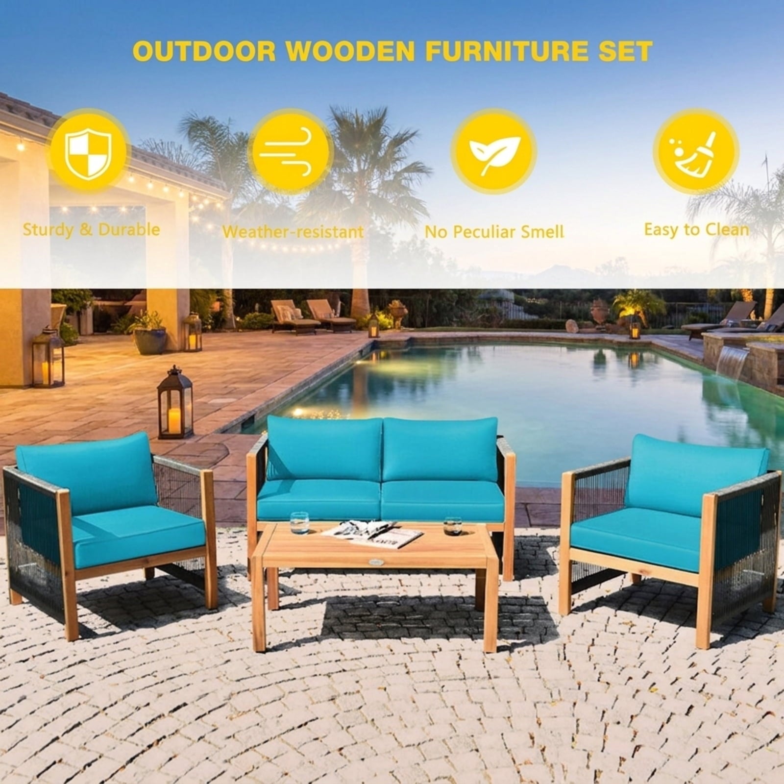 Biotree 4 Pieces Rattan Patio Furniture Set with Weather Resistant Cushions and Tempered Glass TabletopNavy