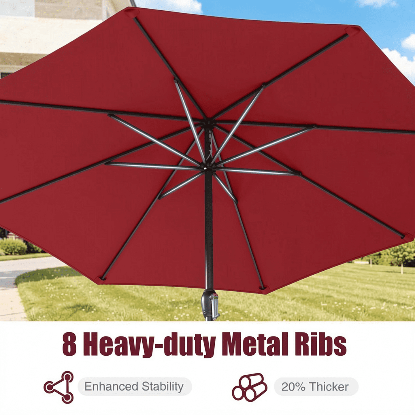 Biotree Outdoor Heavy Duty Market Umbrella with Crank Handle and 8 Sturdy Ribs-Red Walnut - Outdoor Patio Garden Sun Shade