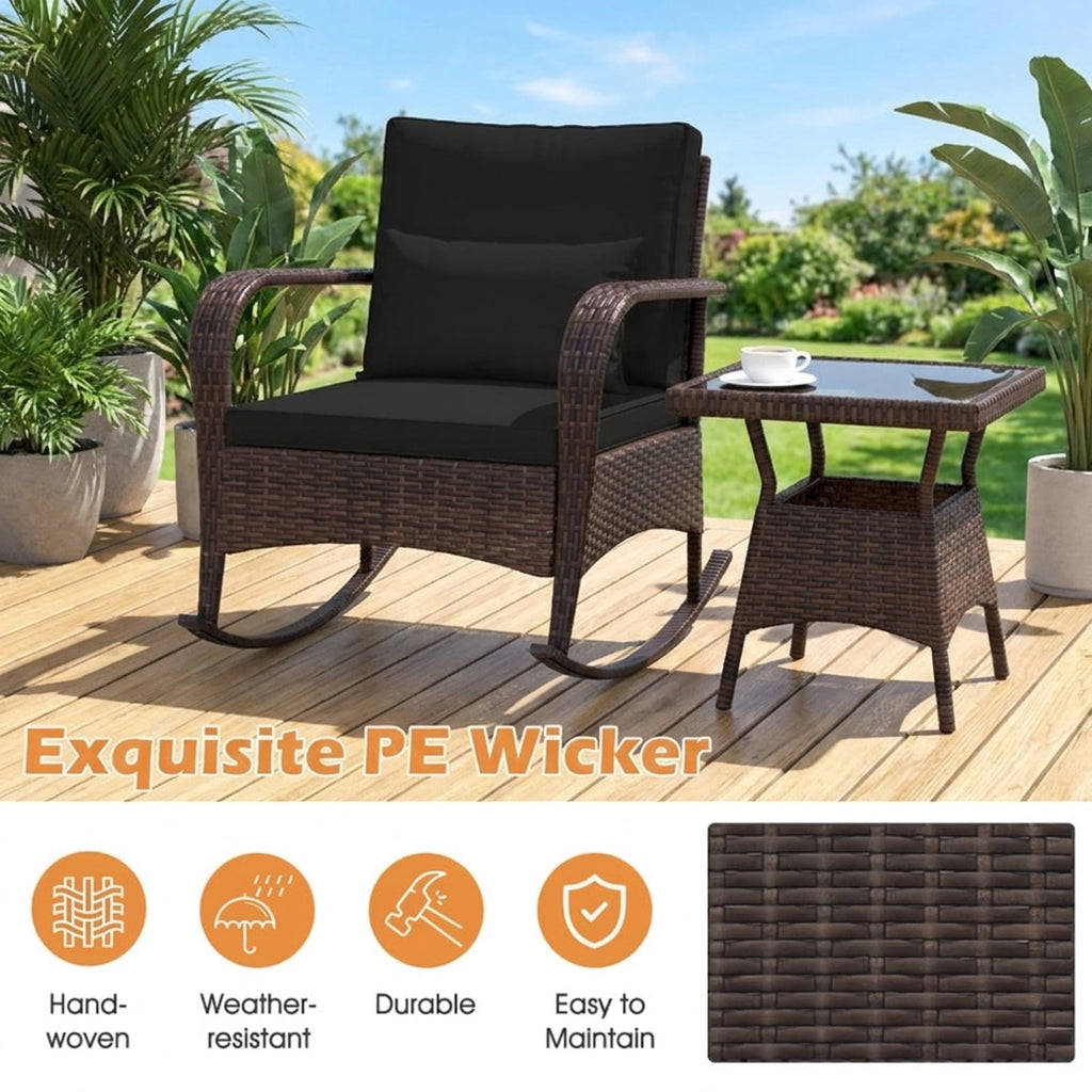 Biotree 3 Pieces Outdoor Rocking Set with Tempered Glass Coffee Table for Backyard Poolside Outdoor Conversation Set for Garden Backyard PorchBlack