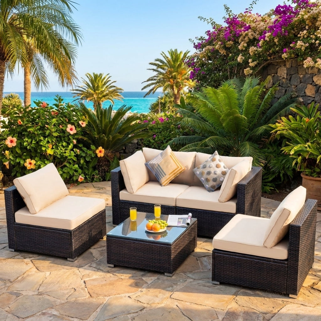 Biotree 5 Pieces Cushioned Patio Rattan Furniture Set with Glass Table Outdoor Conversation Set for Garden Backyard PorchWhite