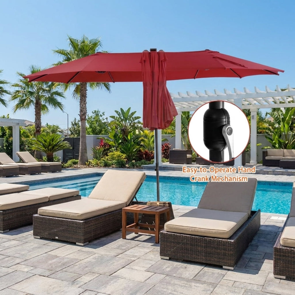 Biotree 15 FT Patio Umbrella, Twin Patio Umbrella with 48 Solar LED Lights for Patio Garden Backyard Pool, Dark Red