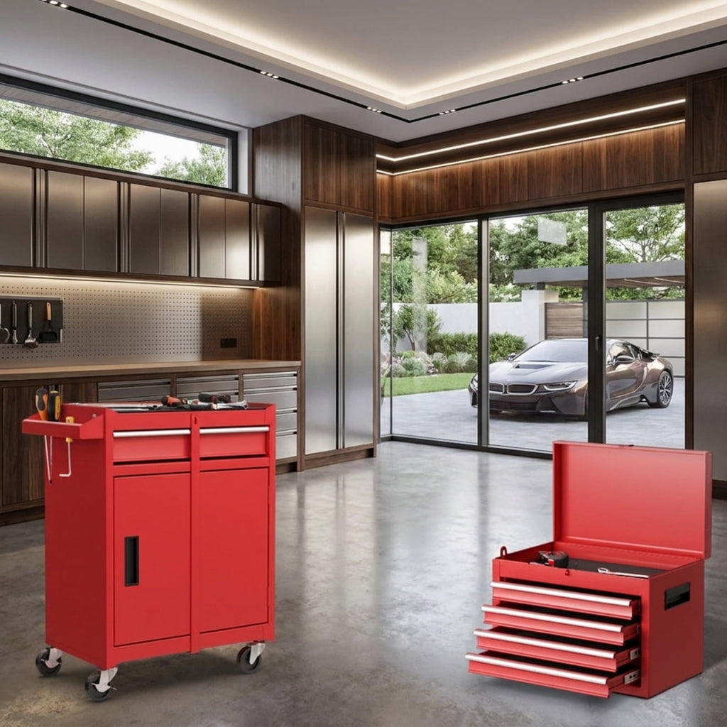 Biotree 2-in-1 Tool Chest and Cabinet with 5 Sliding Drawers Outdoor Waterproof for Patio Deck Garden Cushions, Red